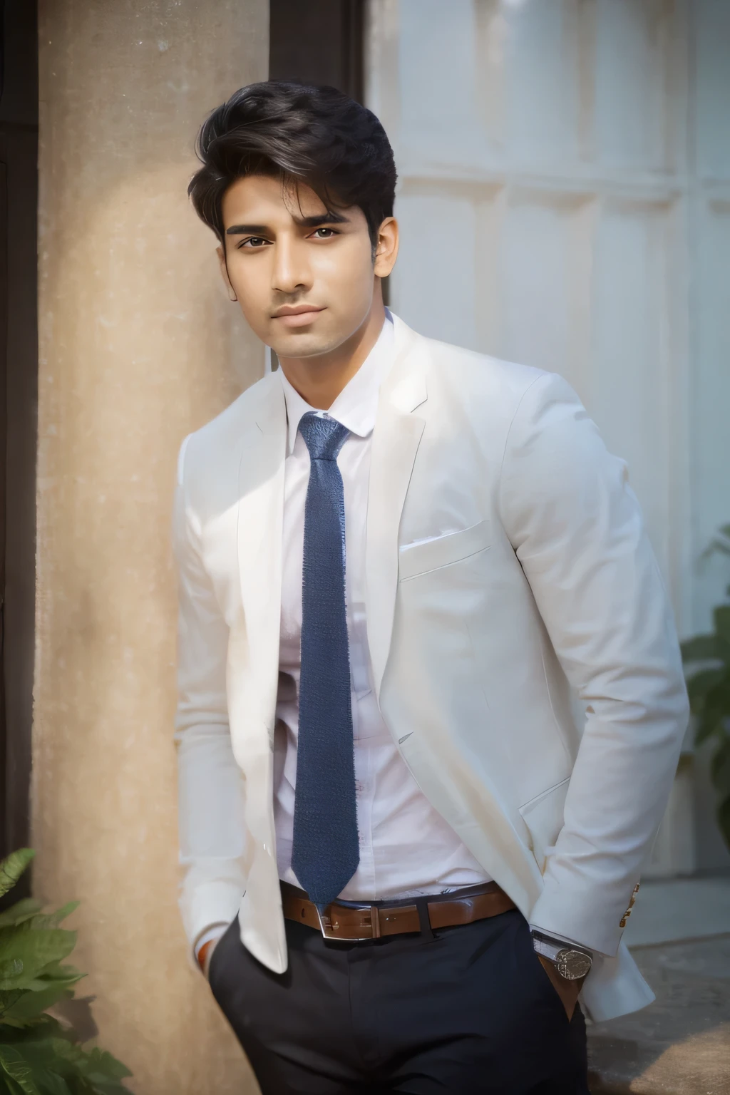 Create a Handsome boy name "Aarav Khanna" age 22 wearing white professional cloth looking to the camera