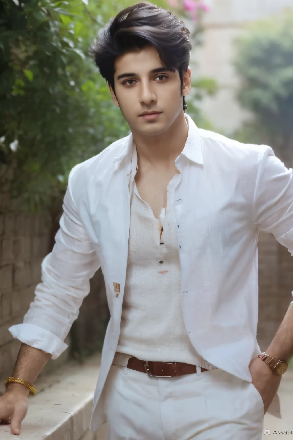 Create a Handsome boy name "Aarav Khanna" age 22 wearing white professional cloth looking to the camera