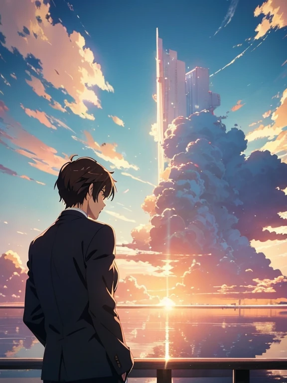 Man and woman are looking at the sky with their backs turned、Business suits、anime characters in a scene with a sky background、your name movie style、Stills in TV anime、yourname、fiona staples and makoto shinkai、makoto shinkai and bioware、guweiz and makoto shinkai、anime still image、Sakimi and Makoto Shinkai、Animated film stills、anime movie screenshot