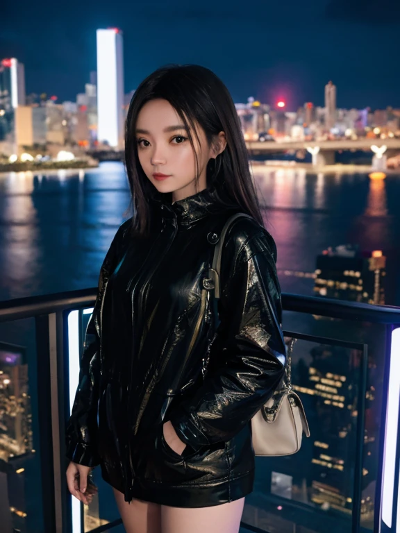 woman standing on a bridge overlooking a city at night, in front of a sci fi cityscape, bokeh in the background only, taken with canon eos 5 d mark iv, standing in a city center, at night time, taken with sony alpha 9, taken with canon 5d mk4, at nighttime, photo taken with canon 5d