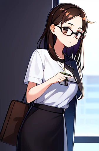 1girl, medium-length brown hair, brown eyes, glasses, open forehead, office outfit, black jacket, white shirt, black skirt