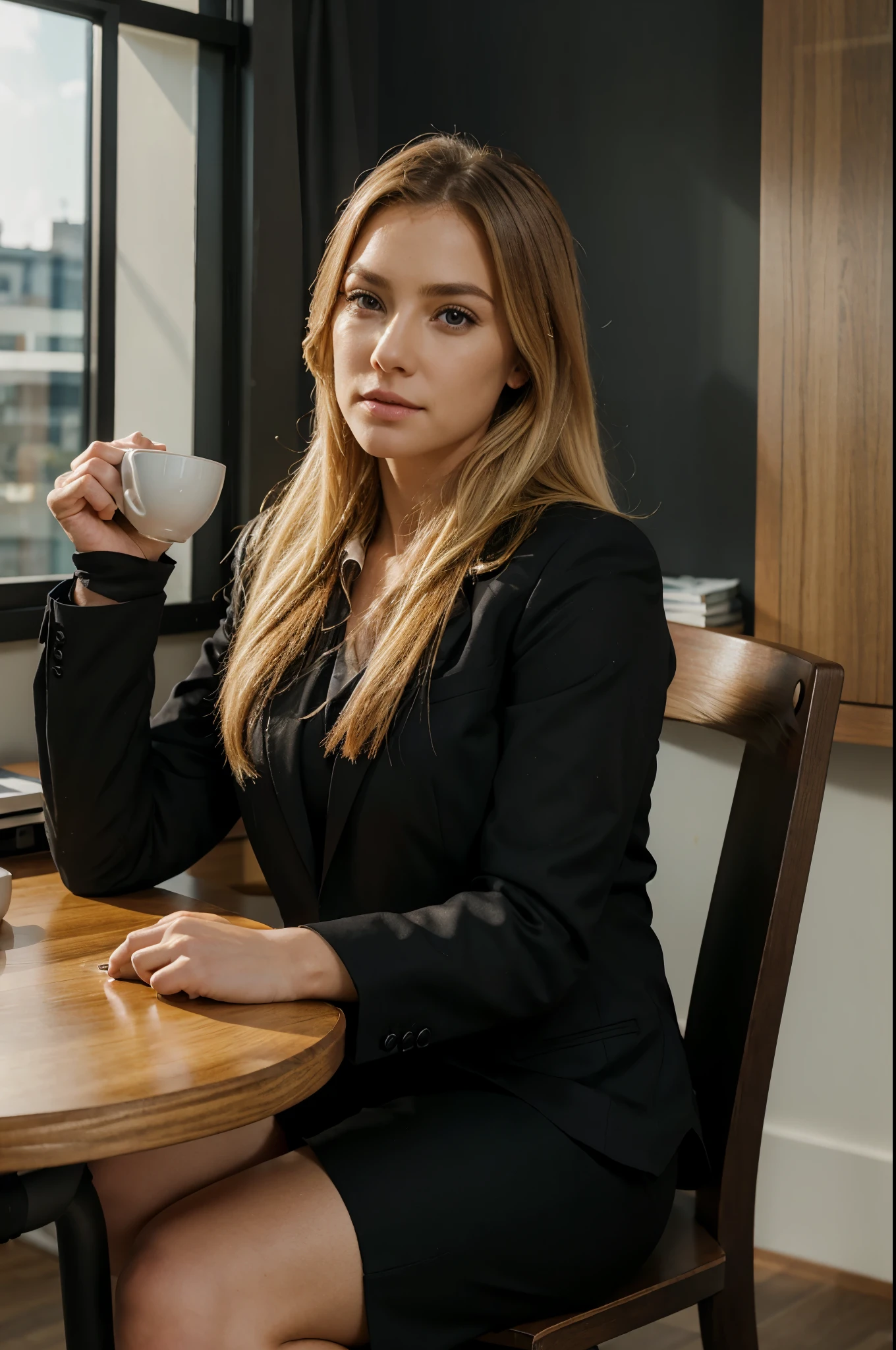 Dressed black suit, drinking coffe, in the office, sitting to table, business woman, ultra realistic, blonde hair, (realistic), (sunshine) (HDR), (8K)