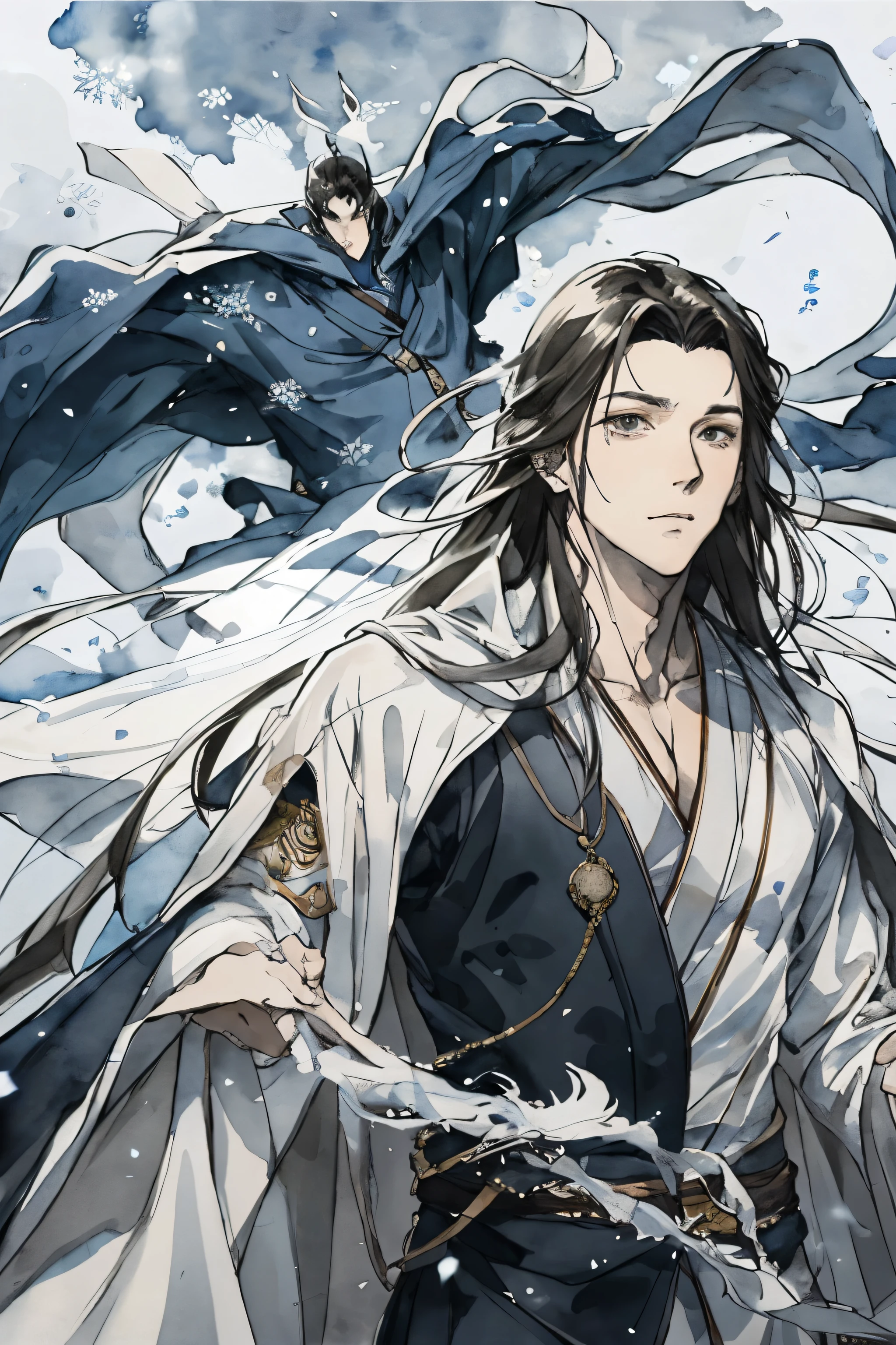Ink painting and watercolor,Line outline,中国Ink painting and watercolor风格, penned illustrations,cool guy,Oyuki,Long-haired man,Hair covered with snowflakes,Long-haired man falling downward painting, Weird shape, Joao Ruas, A flowing white robe, ruan jia and Joao Ruas, Unforgettable beautiful brushpenned illustrations, flowing hair and long robes, White hair floating in the air, mistborn, Flowing cloak, author:Charles Weiss, inspired author:Charles Weiss, inspired by Lucas Graciano'Spooky form, Joao Ruas, floating ghost, A flowing white robe, ruan jia and Joao Ruas, haunting beautiful brush penned illustrations, flowing hair and long robes, White hair floating in the air, mistborn, Flowing cloak, by Charles Weiss, inspired by Charles Weiss, inspired by Lucas Graciano