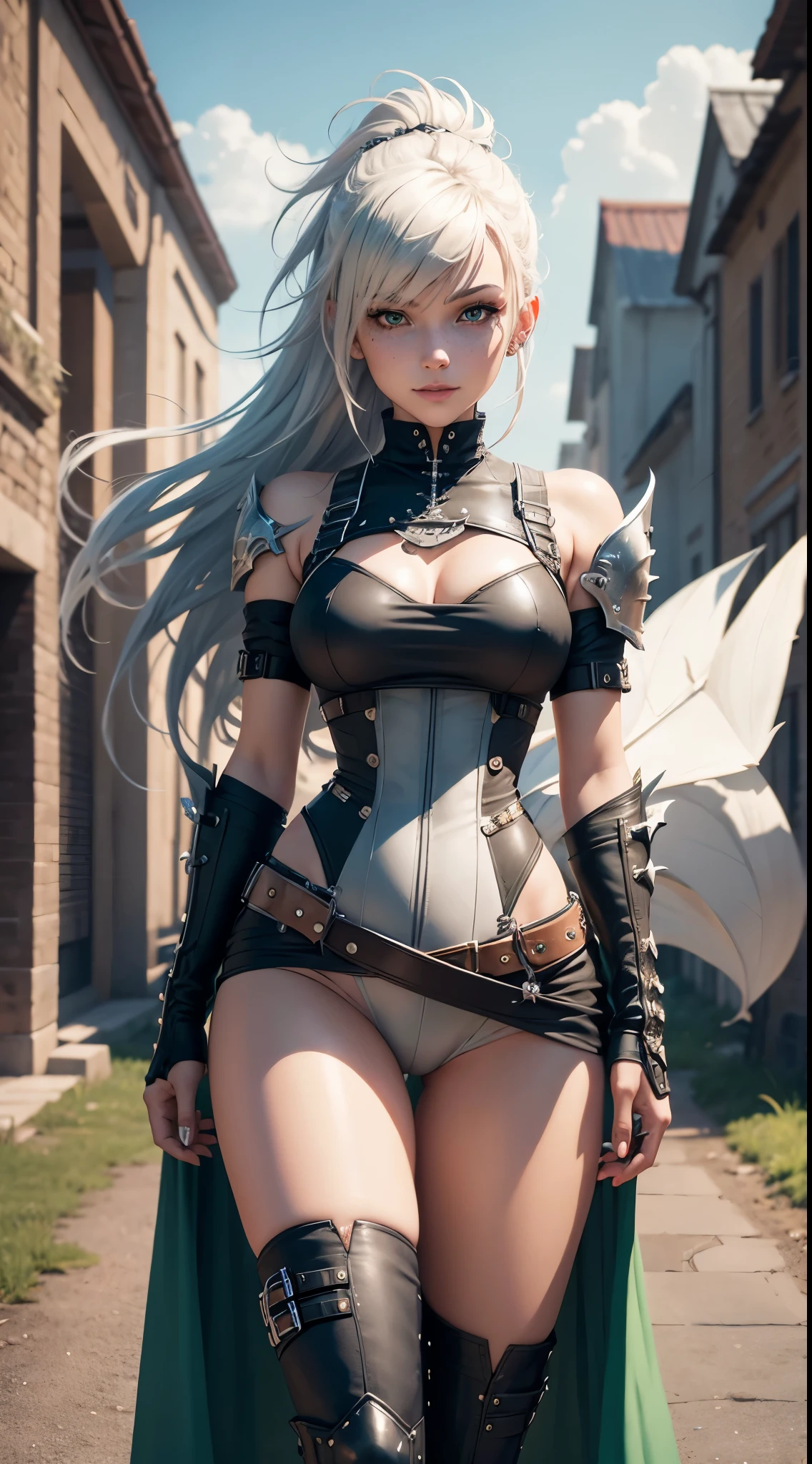 gwen tennyson,1girl,yorha 2b,riven,tracer,overwatch,atelier ryza,close up,winter meadow view,tattoos,orange and white plugsuit,white short sleeve knight leotard,knight steel armor,lycra micro shorts,harness corset,long punk hair,punk makeup,green eyes,multicolored silver hair,long dress train,sexy smile,freckles,beautiful girl,thigh high punk boots,large breasts,8k,ultra detailed,realistic,fantasy art,punk knight uniform,queen gown dress,hair pin,ear piercings,crystal hand and neck jewelry,(weather:windy),long orange knight cloak,(pose:ready to attack),petals flying,