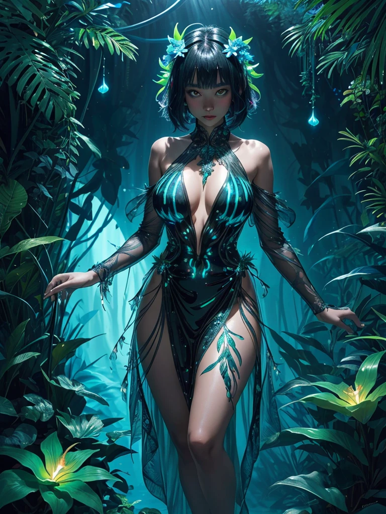 bioluminescence, bioluminescent pretty young woman, dark fantasy art, tight fitting revealing shiny metallic dress, large breast, nighttime, (magical tropical forest), ((bioluminescence)), bioluminescent tropical flowers, bioluminescent tropical stream, masterpiece, intricate detail