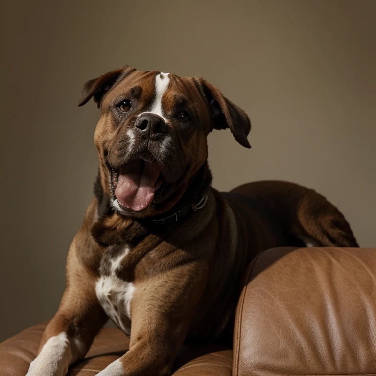 Perro boxer gigante {estilo dibujo animado, meme, brown and black color, sonriente, con grandes dientes y cara amigable, Grass in the background}
