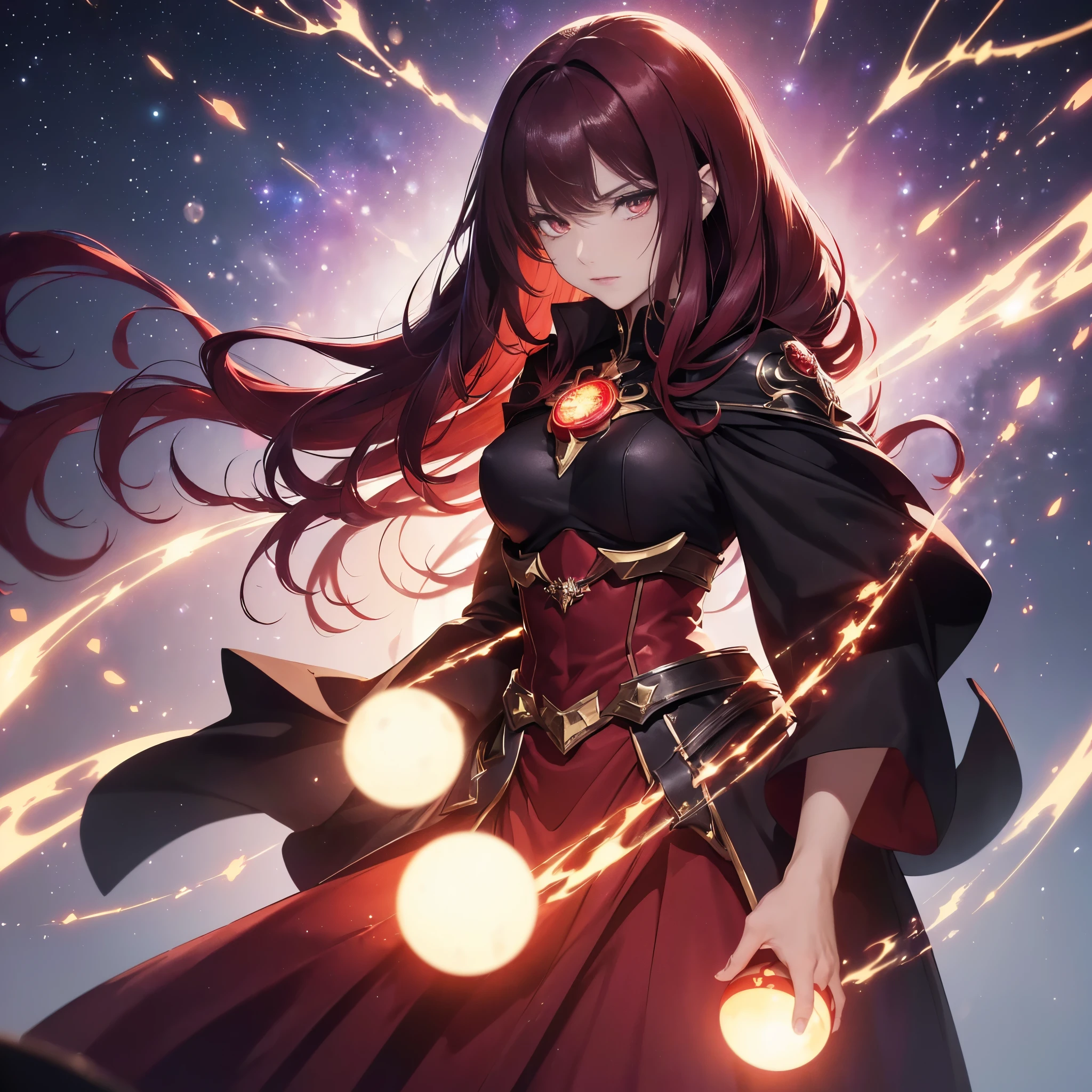 1 girl, A multiversal goddess inspired by (Oda Mau Fate). ((She has long dark red hair)), ((intense dark red eyes)), ((and red particles of the universe)). (((She has a cosmic cape with red and gray star shine))), ((and a cold and sinister expression)). (((She wears a dark reddish warrior outfit with black galaxy-shaped particles))), ((a tight-fitting and elegant dress)), ((dark sleeves)), ((an orb ball on her back)), ((and a red heart medallion with star particles)). (She holds a sword with crimson fire and dark particles). (Anime style) (Fate Scathach style) ((Mature body)) ((Perfect anatomy)) ((Best quality)) (((quality:8k))), (((masterpiece:1.2, best quality))), ((finely detailed beautiful eyes: 1.2)), ((extremely detailed CG unity 8k wallpaper, masterpiece, best quality, ultra-detailed, best shadowshadow)), ((detailed background)), ((beautiful detailed face, beautiful detailed eyes)), High contrast, ((best illumination, an extremely delicate and beautiful)), (Background cosmic space), (pose epic and rude).
