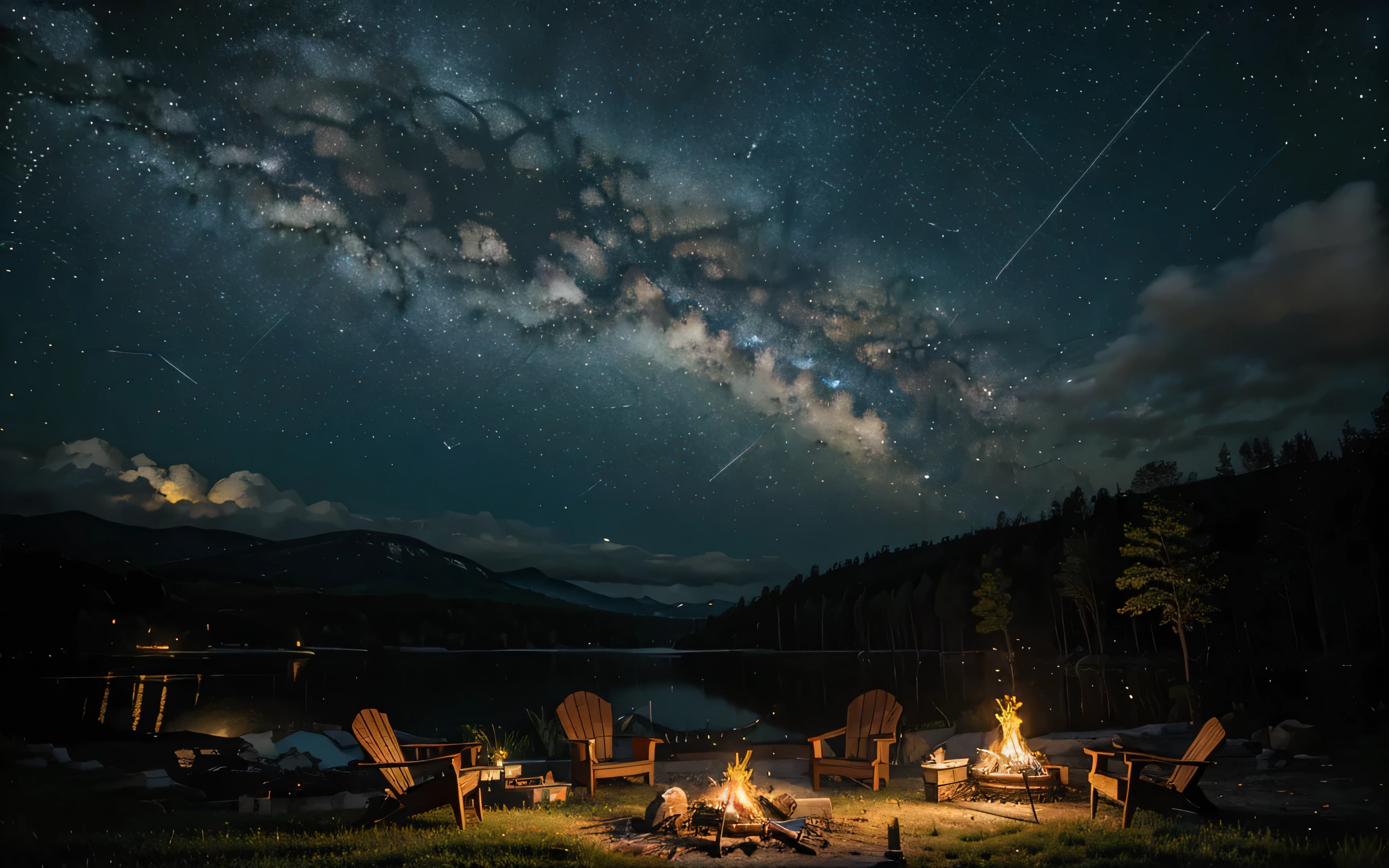 ((best quality)), ((masterpiece)), (detailed), starry night landscape, foreground relaxing campfire, shooting stars