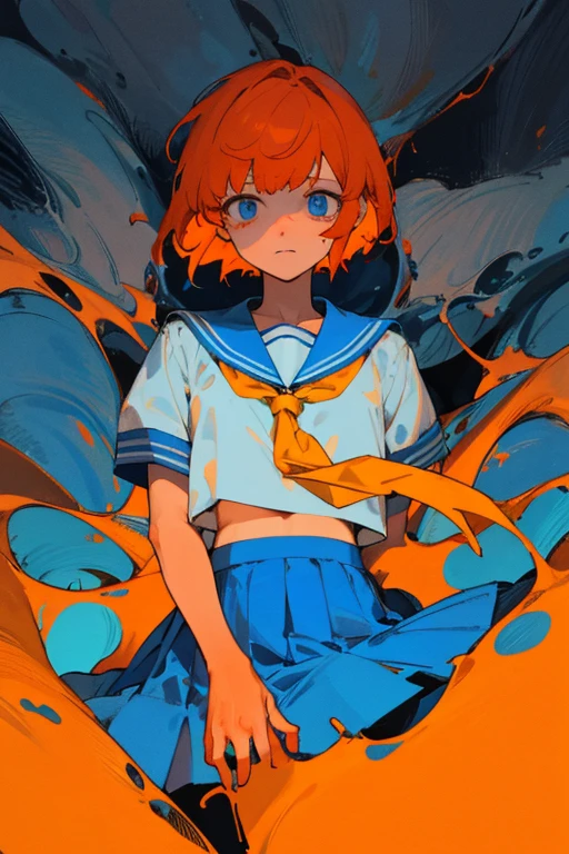 Detailed details,horor,Lack of light,psychedelic,disarray,hold your head in confusion,Frightened,murky,Blue eyes,short orange hair,a sailor suit,Yellow tie,Blue skirt,