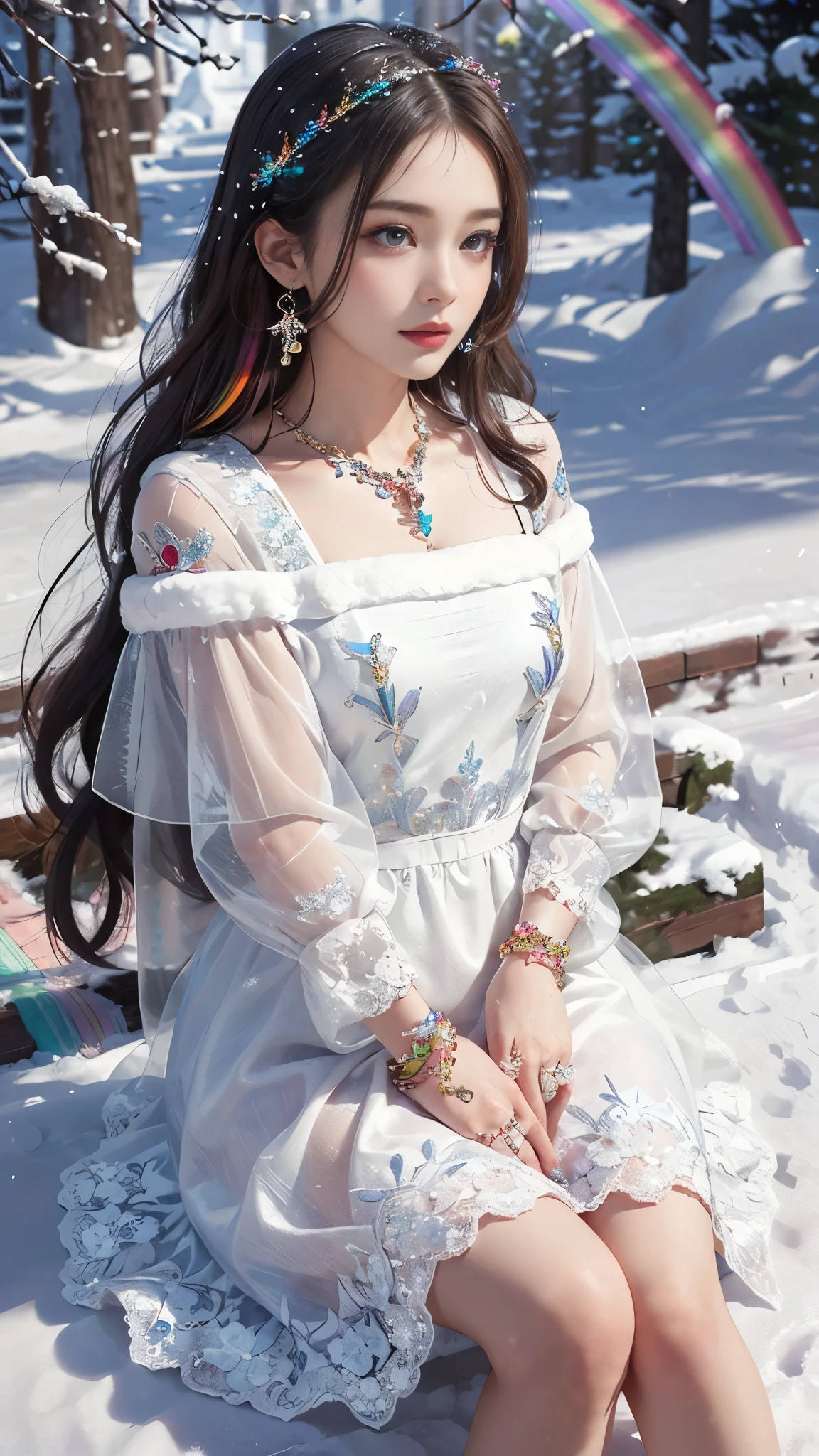 8k, masterpiece, 1 girl, beautiful face, very long hair, light makeup, detailed eyes, detailed lips, small bust, winter dress, rainbow dress, (wearing jewellery:1.8), (rainbow lace:1.4), ((snow falling:1.4)), sitting,