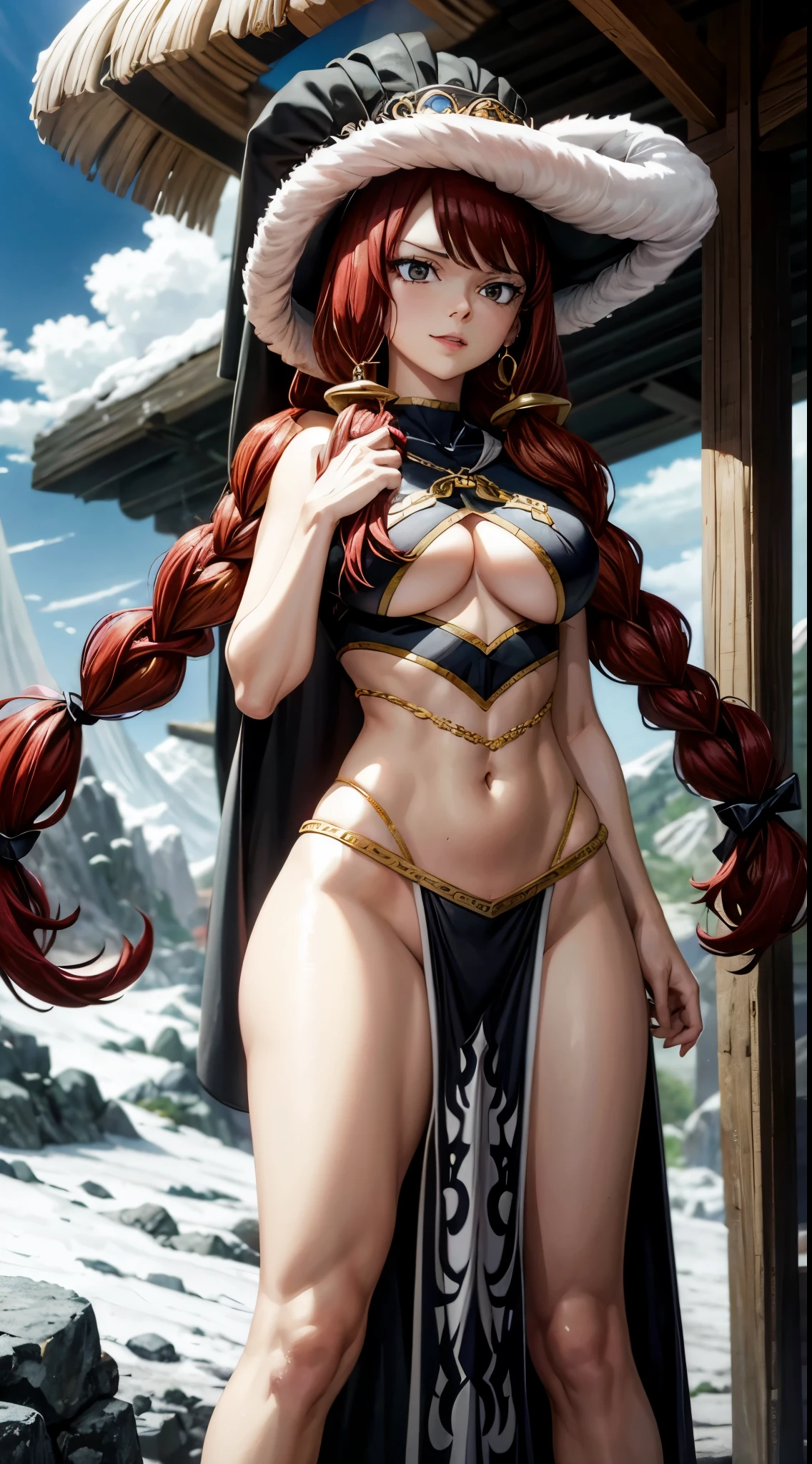 anime fairy tail, personaje Irene, cabello rojo con dos colas, pecho grande, trasero grande, Curvaceous Body, rostro hermoso, vestimenta de una hechicera, un sombrero de hechicera, ojos hermosos, una sonrisa atractiva, buena calidad, 4k. cuerpo de una mujer adulta, with good physique, atractiva con buena figura., calidad 4k. cuerpo o figura atractivo, Mujer Madura, Fondo de Nieve.