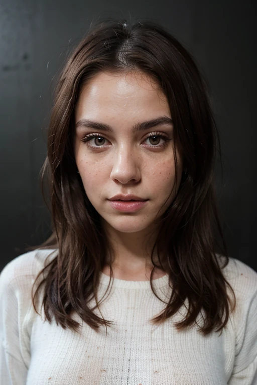 ((best quality)), ((masterpiece)), (detailed), perfect face realistic photo of beautiful woman with long dark brown hair, Russian, influencer, light freckles, dark brown eyes, big lips, no makeup, instagram, standing next to black wall, wearing sexy lond winter jumper