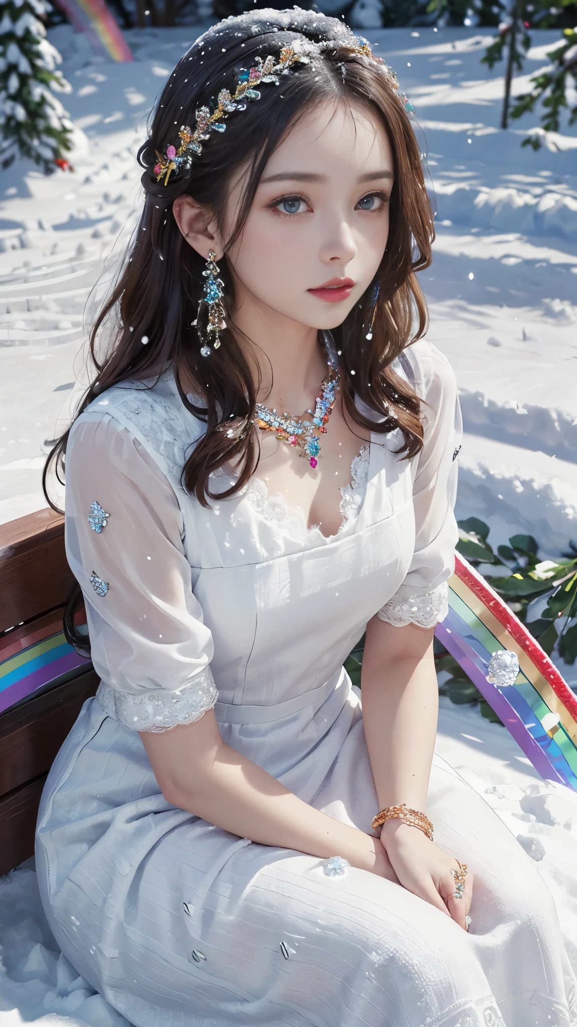 8k, masterpiece, 1 girl, beautiful face, very long hair, light makeup, detailed eyes, detailed lips, small bust, winter dress, rainbow dress, (wearing jewellery:1.8), (rainbow lace:1.4), ((snow falling:1.4)), sitting,