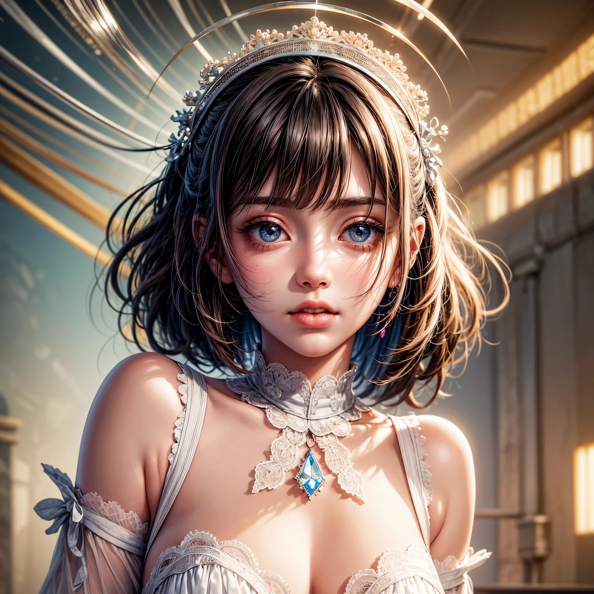 absurdres, RAW photo, extremely delicate and beautiful, masterpiece, Best Quality, ultra high resolution, 32k, hyperrealistic, ultra-detailed, in her 20s, delicate facial features, beautiful detailed girl, tearful mole, earring, medium breasts, full body shot, shorter middle hair, black hair, exorcist,