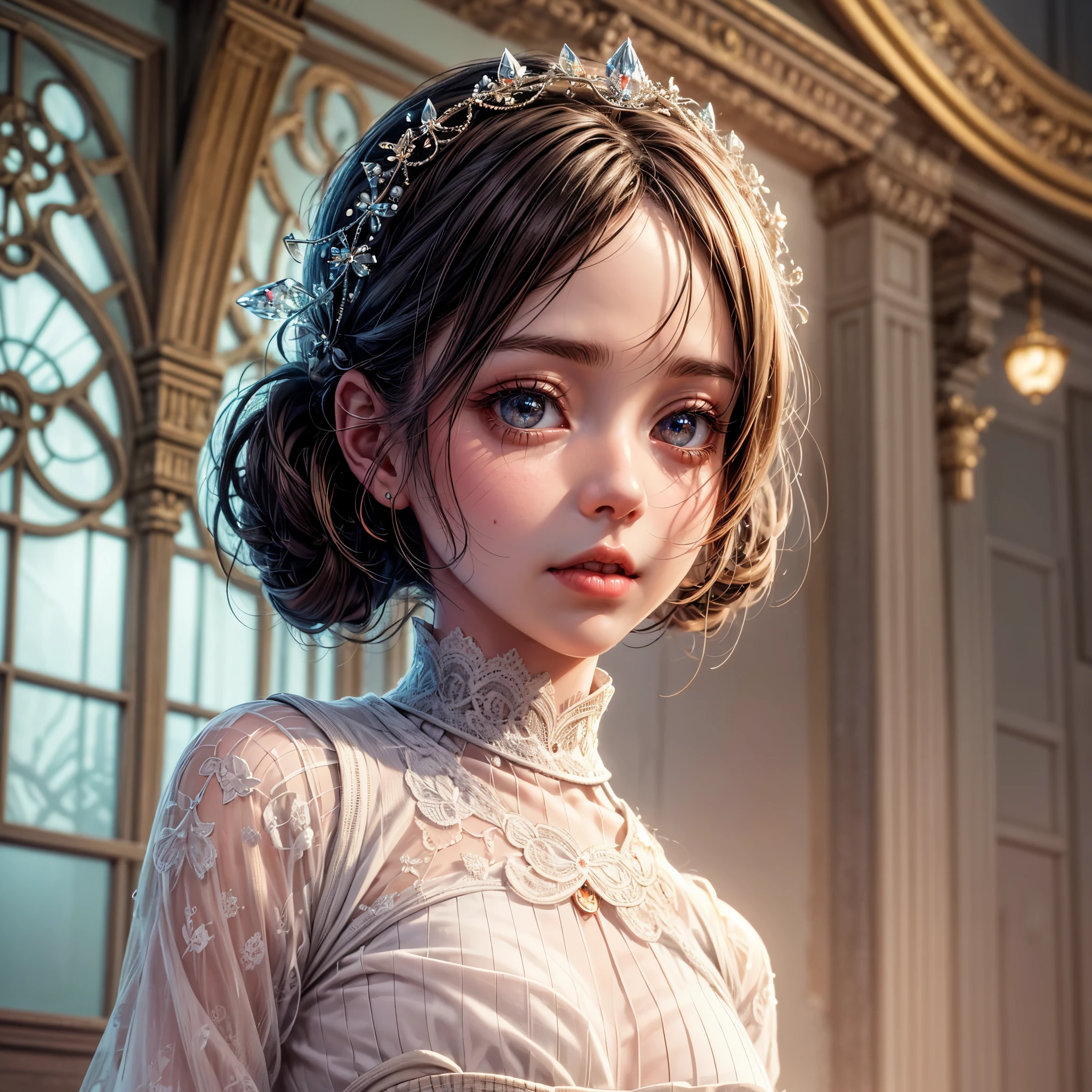SFW, concept art, Tiny junior idol, Delicate lace knitted white clothes, (nipple:-0.9), face closeup, (((Renbutsu Misako), Dazzling and delicate stained glass fills the backgrund, colorful Light shines through stained glass:1.2, vivid red colors, lense Particle, lens flare, light Particle, Dazzling Halo, Acutance:0.8)). (masterpiece:1.2),(ultra-detailed:1.37),(realistic,photorealistic,photo-realistic:1.37), (Extremely detailed KAWAII face variations, innocent expression variations), rosy cheeks, intricate detailed eyes with sparkling highlights, long eyelashes with volume, subtle blush on the face. Mystic sight, haze, impeccable skin texture, captivating gaze, ((Dynamic-angle, physically-based rendering)), whole Body proportions and all limbs are anatomically accurate .