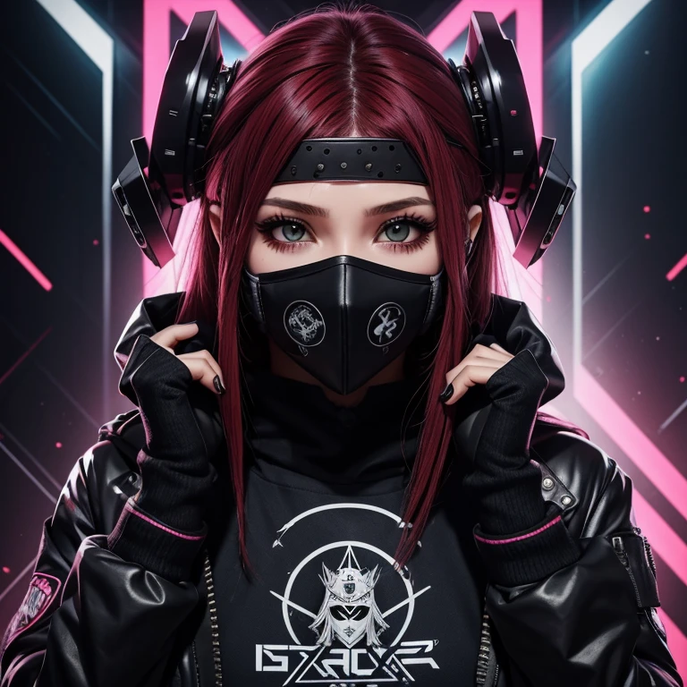 Feminino, cyber punk, mask covering the face, olhos escuros, moletom com capuz, unhas pretas, cabelo na altura dos ombros, preto com vermelho, piercing na sobrancelha