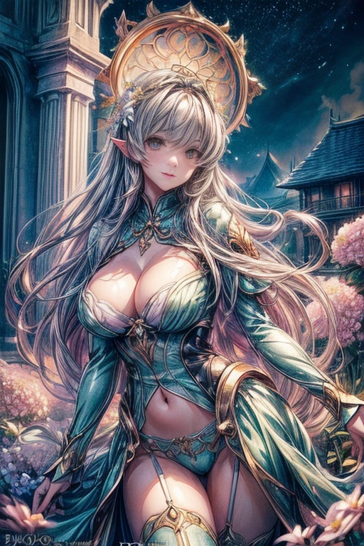 (((photographrealistic:1.5))),((top-quality、8K、16 K、masterpiece:1.3)),high-level image quality、最high-level image quality、top-quality、hiquality、8 slender body、Beautiful feceボディーライン、Beautiful fece女性、Colossal tits、Sexy style、Insist cleavage、Boob emphasis、(1girl in:1.4)、Photorealsitic:1.4、Official art、ultra-detailliert、Beautiful and aesthetic、Beautiful fece、masterpiece、Show off your cleavage、undergarment、Huge chest chest)、sexy undergarment、garterbelts、Enamel Bondage Costume、(full body1:4)、Beautiful fece女性は, (Medium length hair), Detailed huge breasts, Full body, Lovely smile, (Warm colors), moist, moist, Reflectors, (masutepiece) (photos realistic)(Best Quality) (Detailed) , (8K) (Wallpaper) (Cinematic lighting) (Studio Lighting) (Convoluted) Fashion, Flower arch so magical and dreamy, opulent, ethereal fairy tale, Rich pastel color palette, Ethereal dreamy theme, dreamy and detailed, The setting of a fairy tale:, (((building with many flowers)))、anime fantasy artwork, anime fantasy illustration, Beautiful feceアートワークのイラスト, Beautiful feceアニメアートwork, elaborate digital art, Convolutedな華やかなアニメCGIスタイル, anime art nouveau cosmic display, Beautiful feceアニメアート, Beautiful feceデジタル芸術作品, Beautiful feceファンタジーアニメ, Detailed anime artwork, Detailed Digital Anime Art, dreamy psychedelic anime、Sexy lingerie、