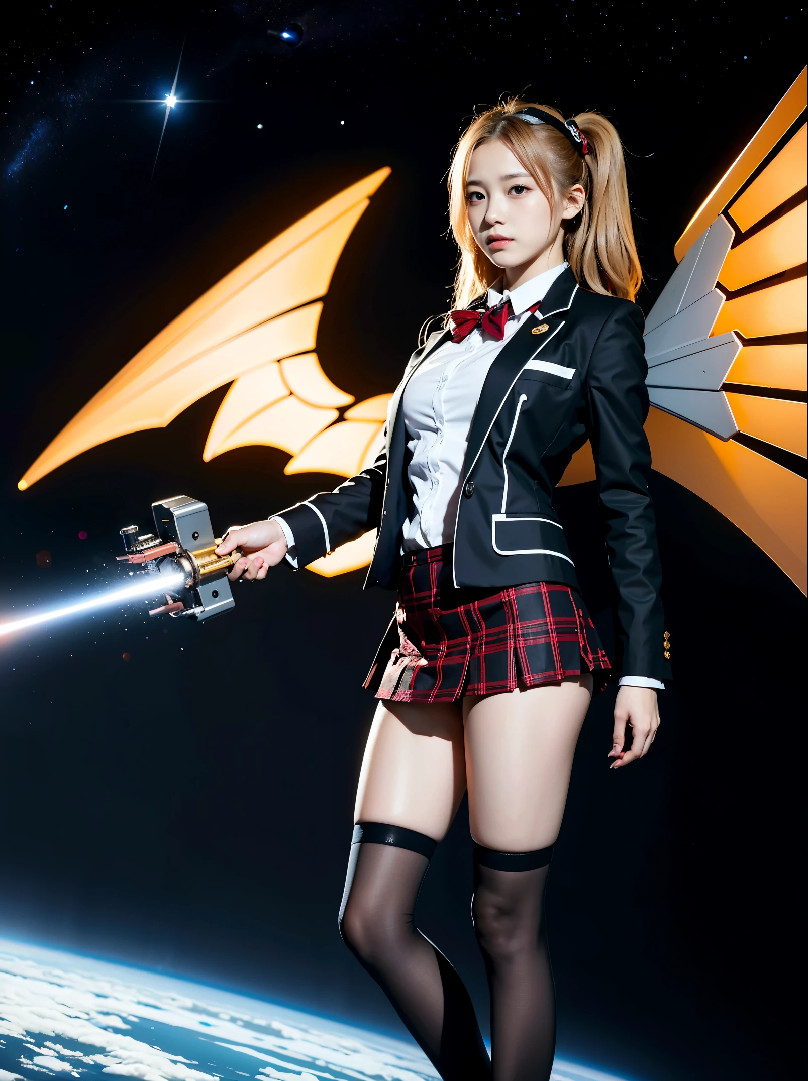 (realisitic、Photorealsitic:1.37)、(8K、Raw photography、top-quality、​masterpiece:1.2)、Very cute woman、ultra-detailliert、Heart-shaped pupil、physically-based renderingt、超A high resolution、Kodak Vision Color、Captured with an Arricam LT camera、bokeh dof、foco nítido、(((Correct anatomy:1.2)))、absurdres, absolutely resolution, incredibly absurdres, highres, ultra detailed, official art, unity 8k wallpaper, dynamic angle,
BREAK
1 girl, soro, twintails, long hair, blonde hair, bow, blazer, plaid skirt, over black legwear,
BlazerCardigan, angry,
BREAK
mecha musume, robot, gundam, mecha, bodysuit, fortified suit, mechanical parts, robot joints, headgear, (full armor:1.2), (mechanical wings:1.4), (thrusters:1.5), mechanical arms,
BREAK
holding weapon, beam rifle, mechanical rifle, beam, (shooting beam:1.3)
BREAK
(space:1.4), full body, from side,