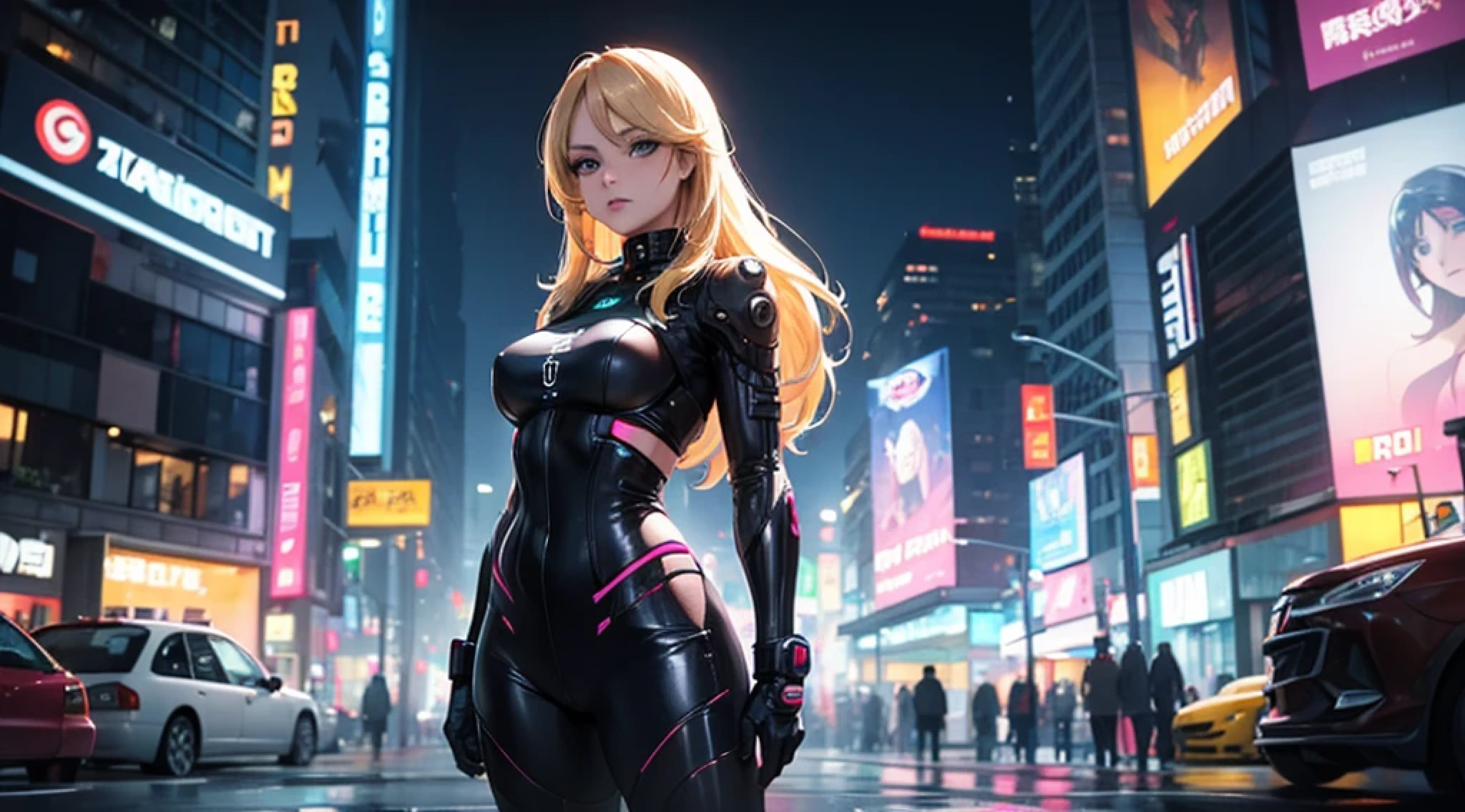 solo, 1girl, (Masterpiece), ((Appearance )), blonde hair, Medium Hair, Blue eyes, anime girl, Pink see-through superhero leotard, cloak, technological glove, Cyberpunk City, in night