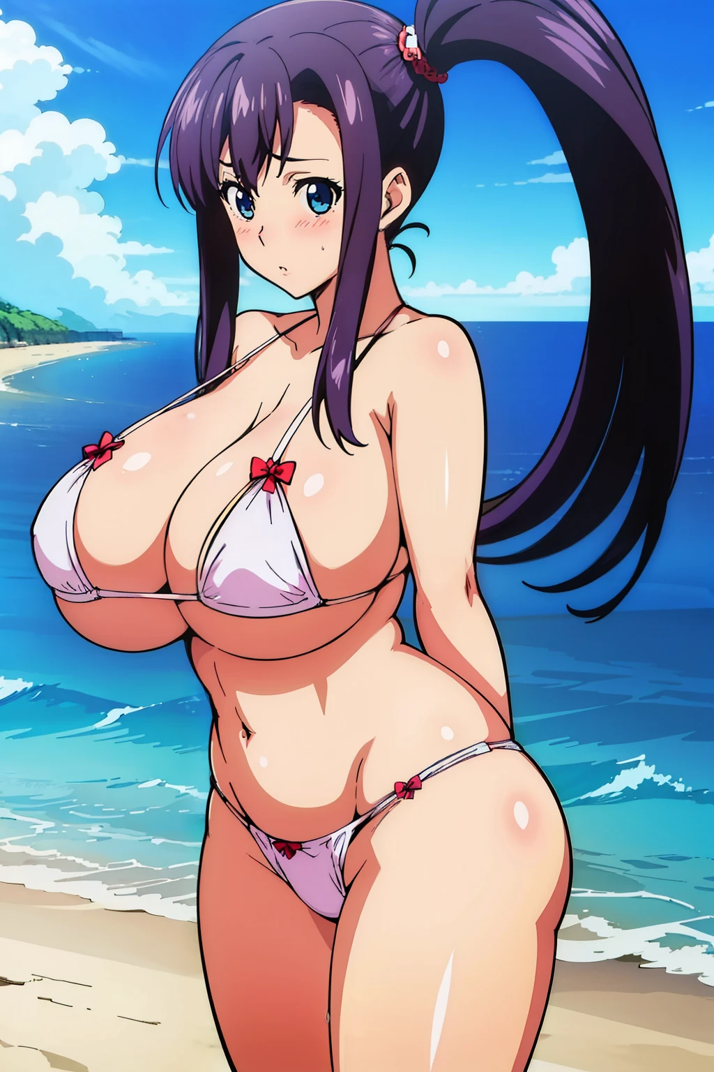 Anime cel drawing style, Best Quality, High resolution, (gigantic breasts:1.6), (bikini), Blue eyes, Purple hair, Bangs, Side Ponytail, Hair Ornament, blush, embarrassed, reluctant, ((Full body)), (string white panties), looking at viewer, (turn your butt towards the camera), ((Full body)), (cowboy shot:1.3), (Beach)