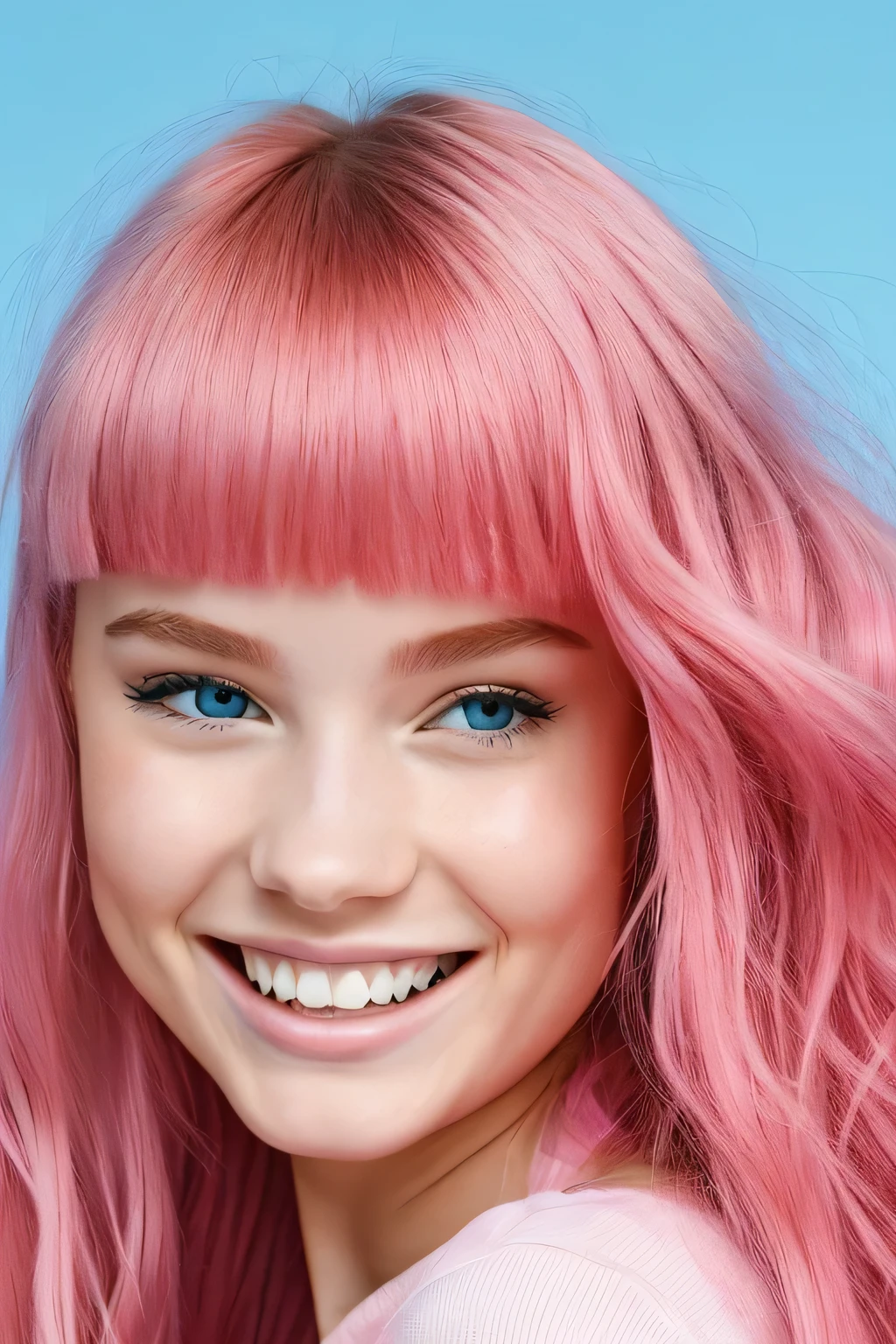 "uma jovem de 19 anos, with long cabelo rosa with bangs, perto dos olhos dela, cor rosa, olhos azuis, thick, natural lips the color of your mouth, com um lindo sorriso com um brilho labial brilhante, boca cor de rosa, she's facing the camera with her hair with pink bangs, the fringe is also pink and tied with a pink ribbon. cabelo rosa, beautiful olhos azuis, She is laughing, angelic face, she's facing the camera