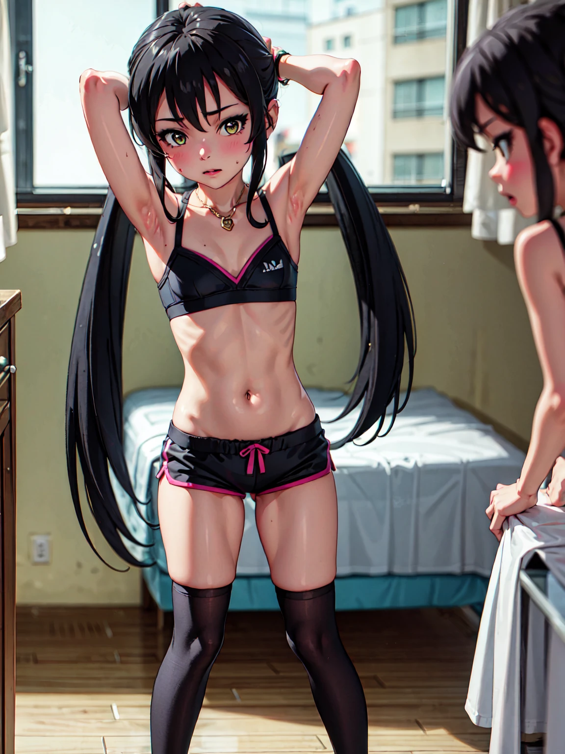 masterpiece, best quality, highres, Matoba risa, 1girl, solo, black hair, long hair with twintail, busty, super flat chest, short black hotpants, black sport bra, blush, black thighhighs, looking at viewer, embarassed, blush, full body, standing,  background, arms up, arms behind head, double armpits, (erotic pose:1.4)