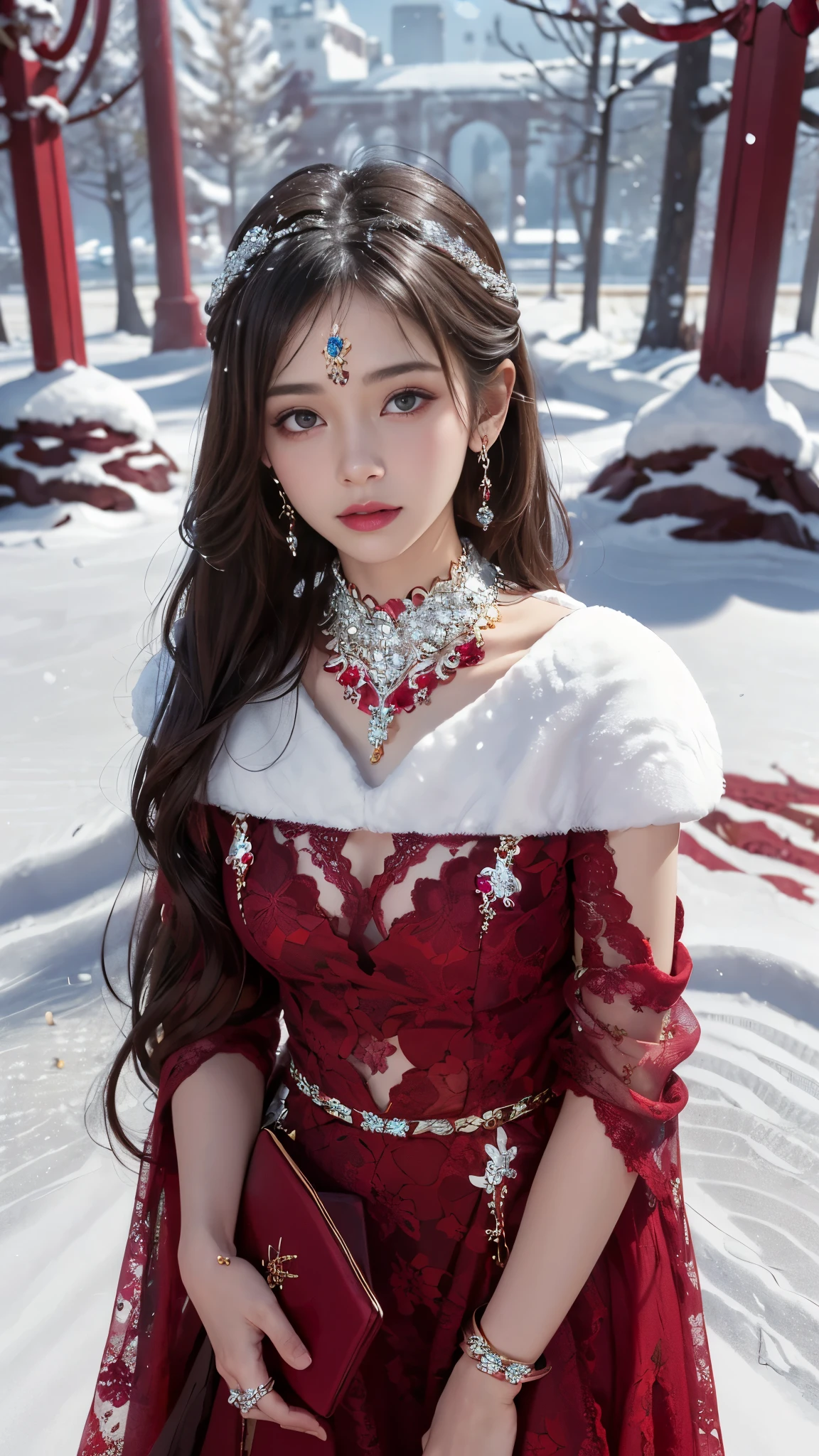 8k, masterpiece, 1 girl, beautiful face, very long hair, light makeup, detailed eyes, detailed lips, small bust, winter dress, maroon dress, (wearing jewellery:1.8), (maroon lace:1.4), ((snow falling:1.4)),