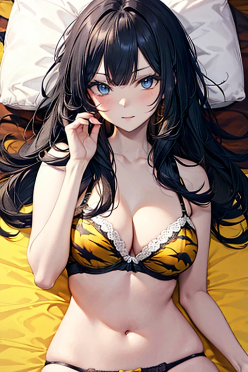black hair, yellow tiger skin pattern bra, yellow tiger skin pattern lingerie, yellow tiger skin pattern underwear,sexy, large breast, blue eyes, bed, red ribbon