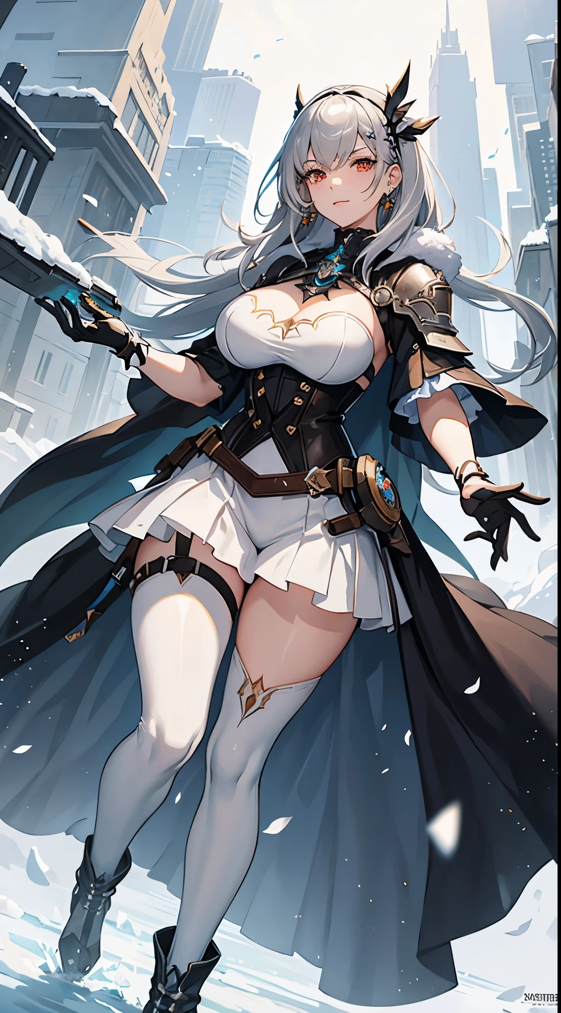 gwen tennyson,1girl,yorha 2b,riven,tracer,overwatch,atelier ryza,close up,winter meadow view,tattoos,orange and white plugsuit,white short sleeve knight leotard,knight steel armor,lycra micro shorts,harness corset,long punk hair,punk makeup,red eyes,multicolored silver hair,long dress train,sexy smile,freckles,beautiful girl,thigh high punk boots,large breasts,8k,ultra detailed,realistic,fantasy art,punk knight uniform,queen gown dress,hair pin,ear piercings,crystal hand and neck jewelry,(weather:windy),long orange knight cloak,(pose:ready to attack),petals flying,