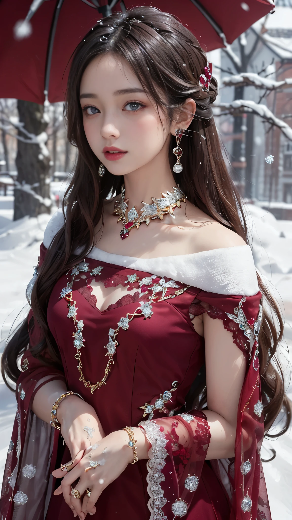 8k, masterpiece, 1 girl, beautiful face, very long hair, light makeup, detailed eyes, detailed lips, small bust, winter dress, maroon dress, (wearing jewellery:1.8), (maroon lace:1.4), ((snow falling:1.4)),