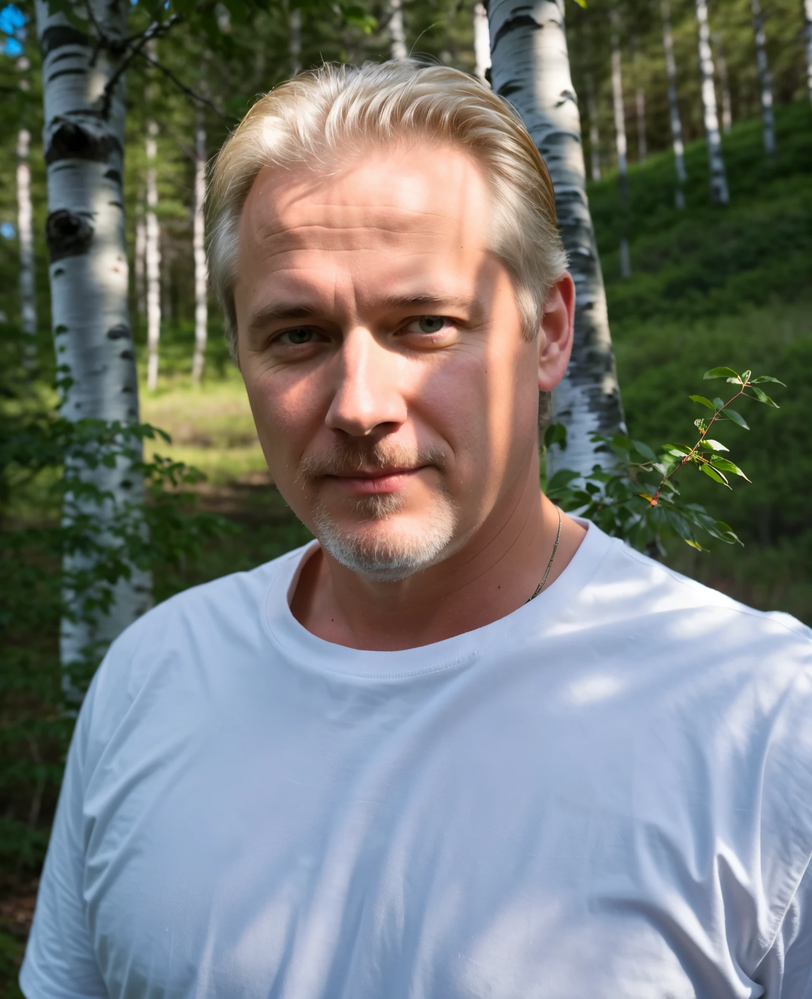 RAW photo, Man against the background of birches, 8K UHD, higly detailed, hiquality