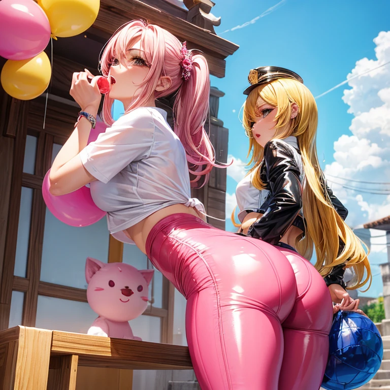 Chica, camarera, pink latex pants (apretado), parada de espalda, mostrando la cola, camisa blanca (mojada) blanco, senos de globos, cola muy grande, ball glutes, rubia, labios rojos carnosos, babeando