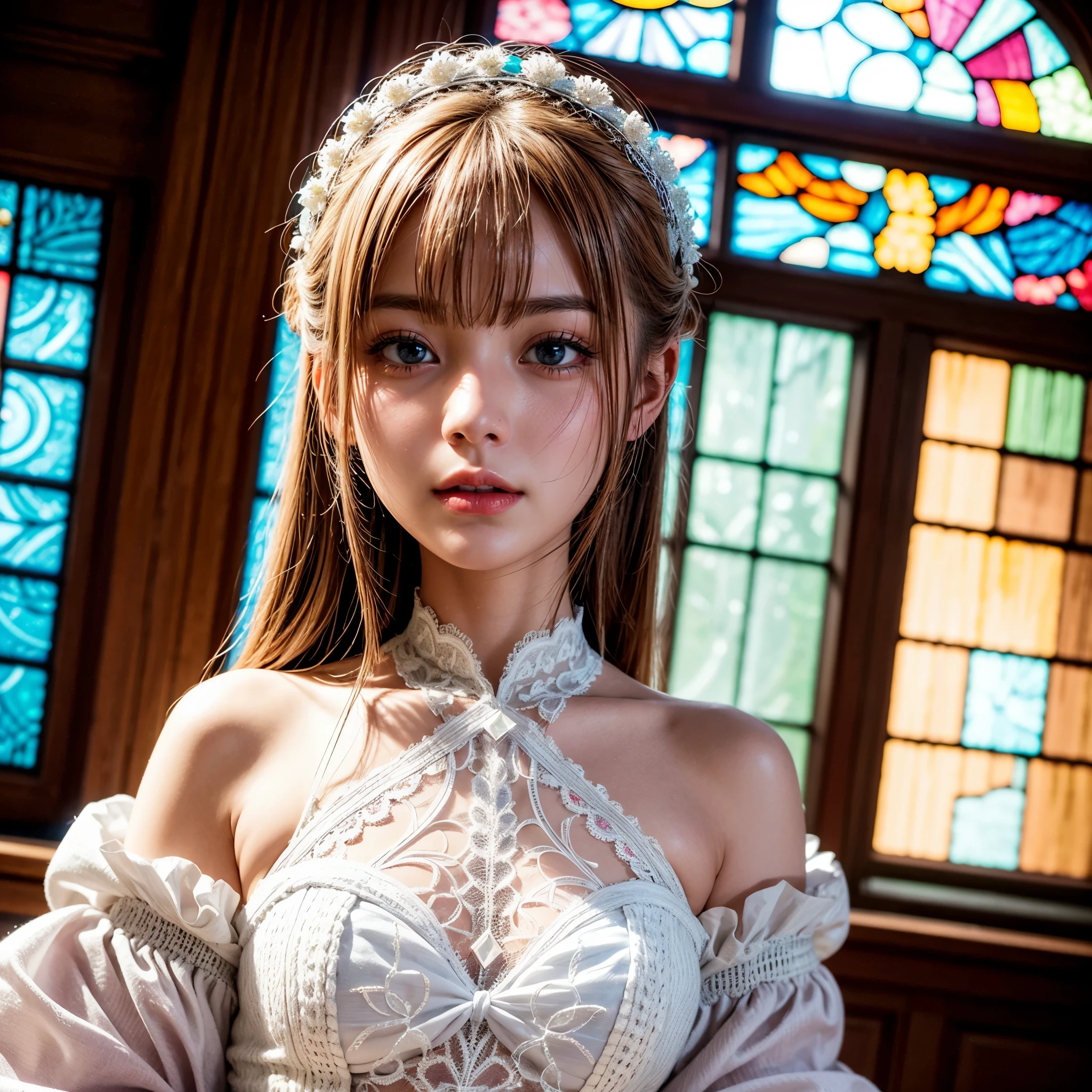 SFW, concept art, Tiny junior idol, Delicate lace knitted white clothes, (nipple:-0.9), face closeup, (((Renbutsu Misako), Dazzling and delicate stained glass fills the backgrund, colorful Light shines through stained glass:1.2, vivid red colors, lense Particle, lens flare, light Particle, Dazzling Halo, Acutance:0.8)). (masterpiece:1.2),(ultra-detailed:1.37),(realistic,photorealistic,photo-realistic:1.37), (Extremely detailed KAWAII face variations, innocent expression variations), rosy cheeks, intricate detailed eyes with sparkling highlights, long eyelashes with volume, subtle blush on the face. Mystic sight, haze, impeccable skin texture, captivating gaze, ((Dynamic-angle, physically-based rendering)), whole Body proportions and all limbs are anatomically accurate .