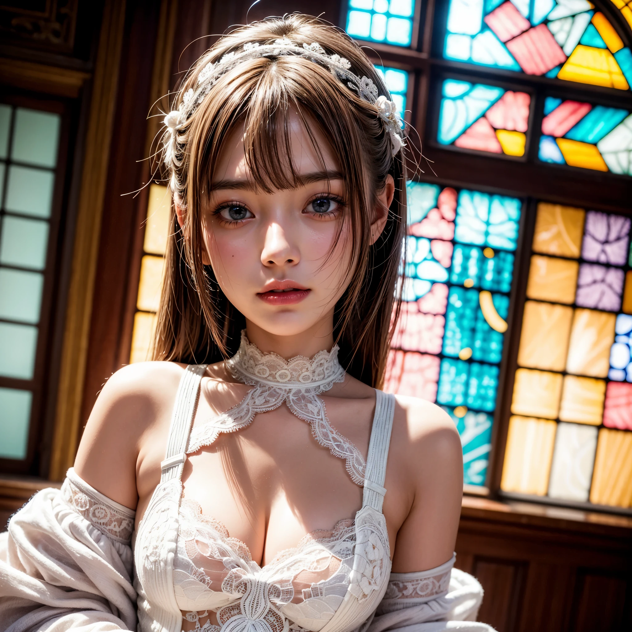 SFW, concept art, Tiny junior idol, Delicate lace knitted white clothes, (nipple:-0.9), face closeup, (((Renbutsu Misako), Dazzling and delicate stained glass fills the backgrund, colorful Light shines through stained glass:1.2, vivid red colors, lense Particle, lens flare, light Particle, Dazzling Halo, Acutance:0.8)). (masterpiece:1.2),(ultra-detailed:1.37),(realistic,photorealistic,photo-realistic:1.37), (Extremely detailed KAWAII face variations, innocent expression variations), rosy cheeks, intricate detailed eyes with sparkling highlights, long eyelashes with volume, subtle blush on the face. Mystic sight, haze, impeccable skin texture, captivating gaze, ((Dynamic-angle, physically-based rendering)), whole Body proportions and all limbs are anatomically accurate .