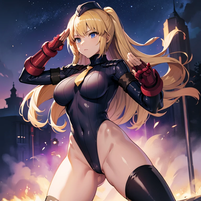 ultra-detailed, Explicit, Beautiful body, Beautiful Nose, Beautiful character design, perfect eyes, perfect face, ultra highres, 4K, beautiful legs, perfect legs, Nice hands, Perfect hand, Masterpiece, Best Quality, Highly detailed, illustration, absurdres, street fighter, doll suit, shadaloo doll, dollsuit, expressionless, blank eyes, looking at viewer, red gloves, emotionless, black latex, corrution, mind control, female combatant, full body, hypnotized, unhappy trance, full body suit, ribbed bodysuit, both arms at side, obey, perfect female body, extremely glossy latex, hypnosis, hypnoLora, empty eyes, Mind control device, poses, submissive_pose, Slave, hat, necktie, stand up straight, standing, standing at attention, hat, necktie, belt, latex, ribbed bodysuit, thighhighs, garter belt, Fighting Stance, extending the right arm from the shoulder into the air with a straightened hand, nazi saluting, military, military saluting, salute, thigh boots, 1girl, solo, jeanne d'arc, Fate Grand Order, blonde hair, very long hair, braid, blue eyes, flag, holding flag