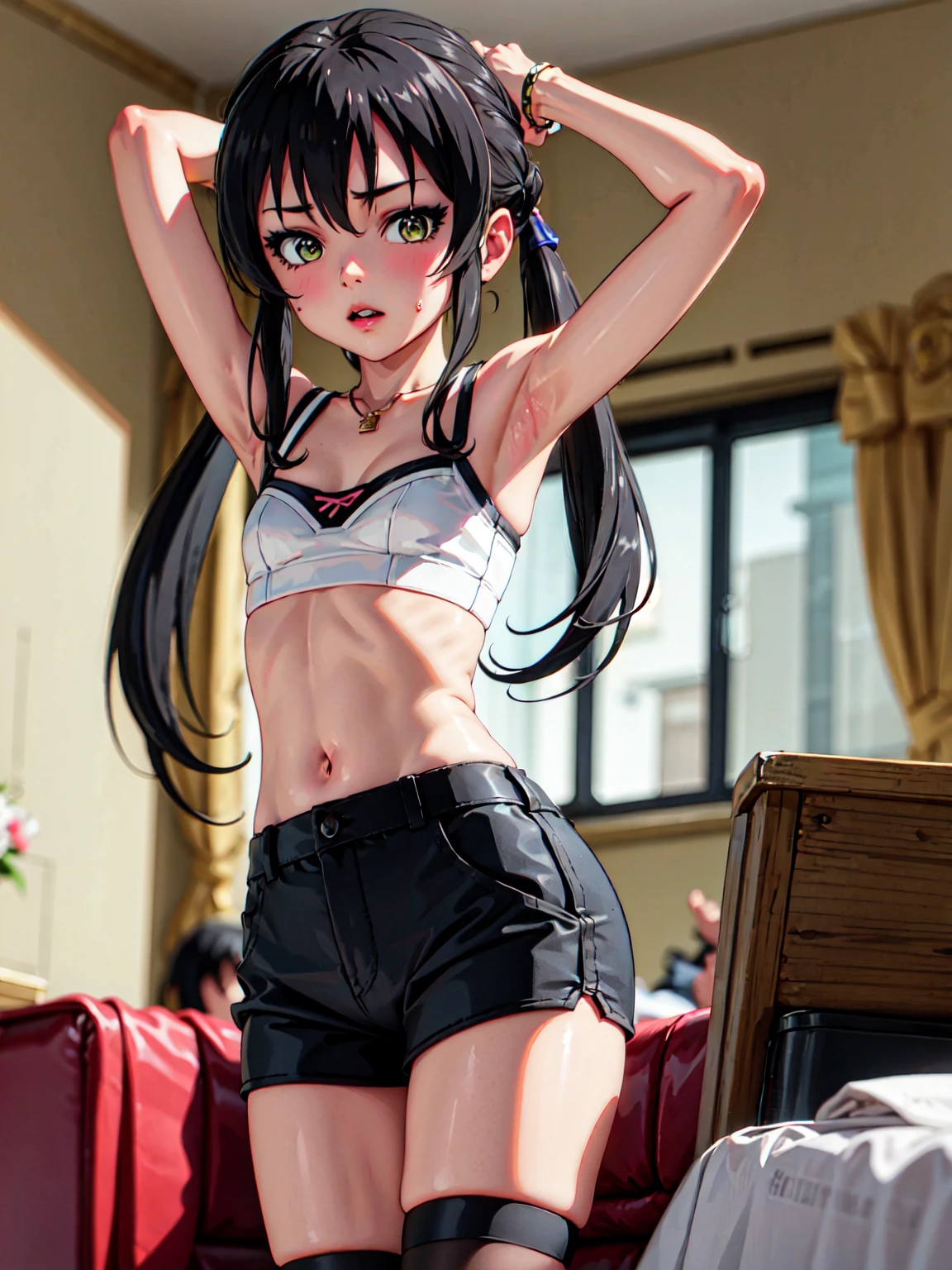 masterpiece, best quality, highres, Matoba risa, 1girl, solo, black hair, long hair with twintail, busty, super flat chest, short black hotpants, black sport bra, black stocking, looking at viewer, embarassed, blush, full body, standing,  background, arms up, arms behind head, double armpits, (erotic pose:1.4), thicc thighs