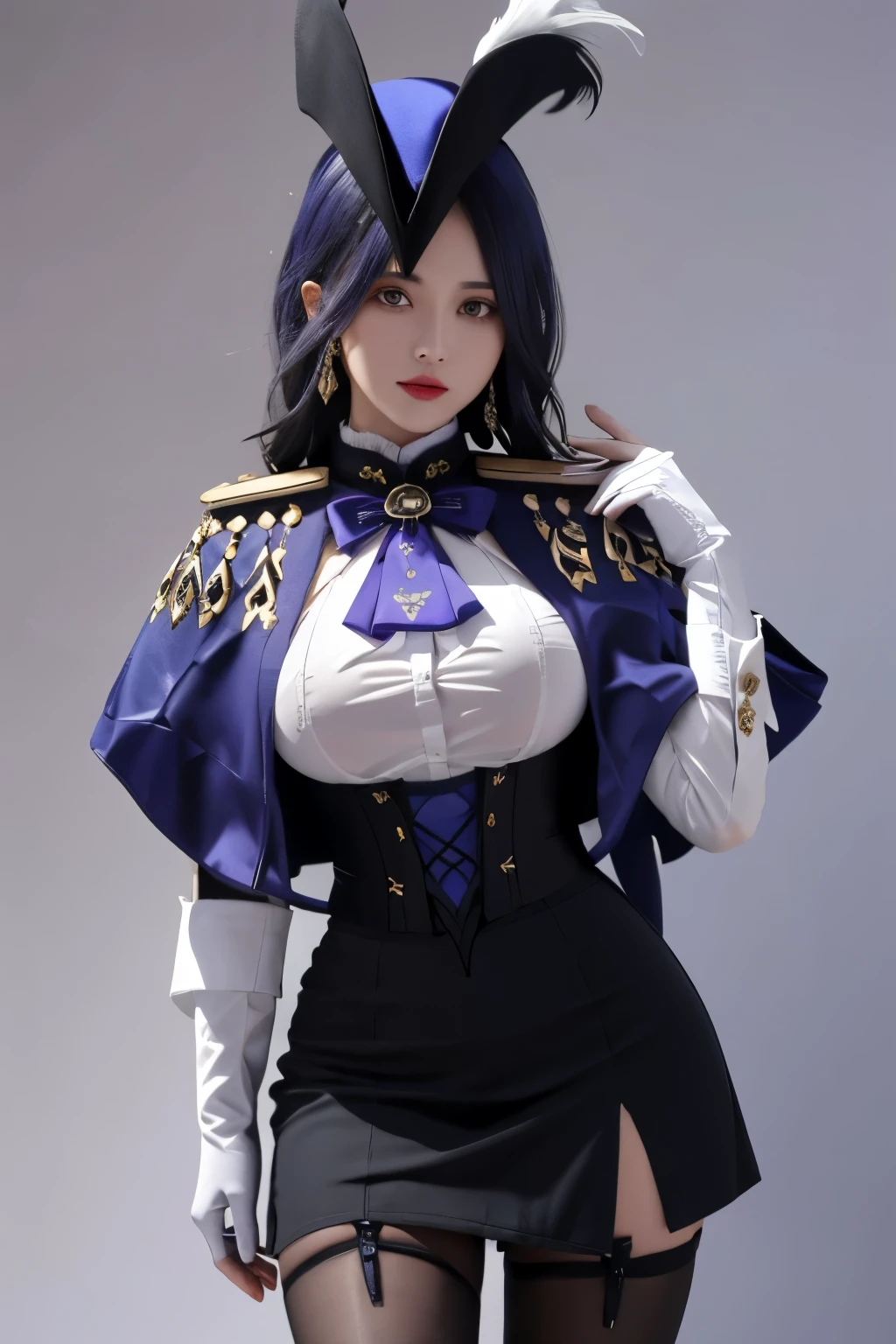 masterpiece, best quality, highly detailed, 1girl, solo, giclorinde, purple eyes, large breasts, hair between eyes, long hair, dark blue hair, earrings, black skirt, miniskirt, pantyhose, purple ascot, purple capelet, black corset, black pantyhose, black skirt, white gloves, hat, tricorne,