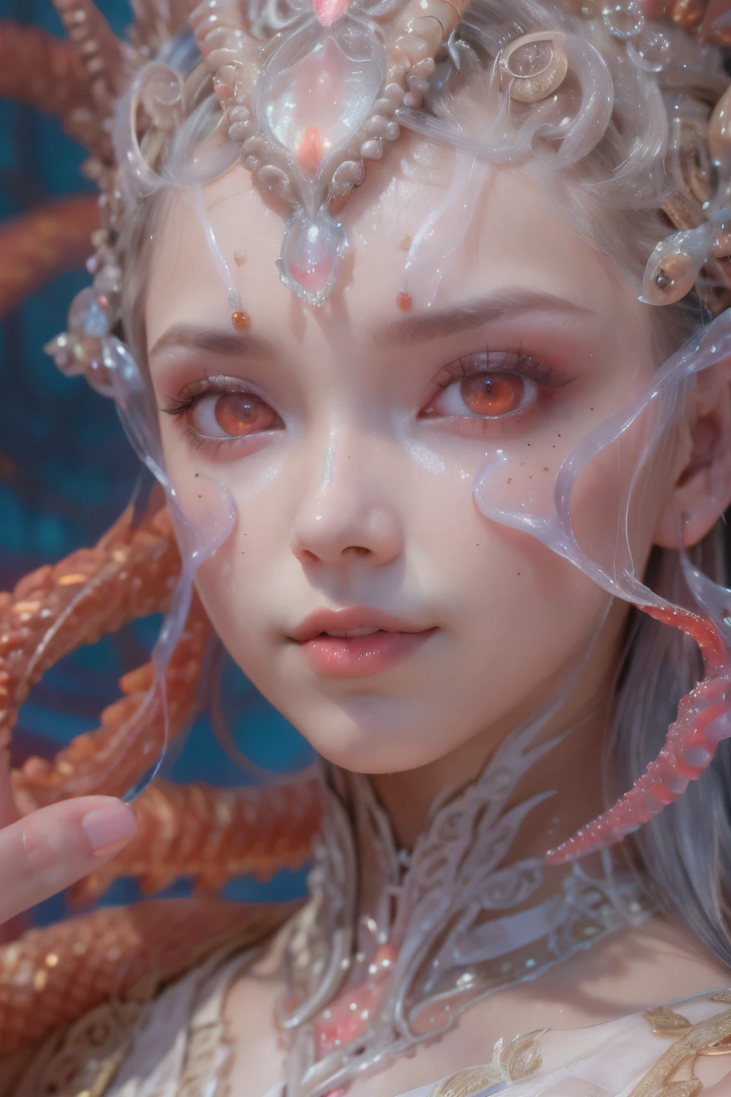 Portrait, (beautiful female alien:1.2), (There is a female genital-like organ in the middle of the forehead..:1.8), (The most beautiful face in the history of the universe:1.2), (scarlet eyes:1.6), (Translucent skin:1.8), an evil gaze that seduces , (red eyes:1.5), Full body like, (sexypose:1.5), alien, No humans, cells are fused, (Lots of translucent tentacles:1.1) (Translucent skin:1.3), extraterrestrial, cell, bio image, 魅惑的, Best Quality, 8K,4K_quality, High Definition, Dramatic Lighting, masutepiece:1.5,cinematic quality, detail up, (Intricate details:1.2), High resolution, High Definition, drawing faithfully, (Thick eyebrows:1.2), Beautiful eyes with fine symmetry, (Ultra detailed eyes:1.2),(Highly detailed face and eyes:1.2), (High-resolution red-eye:1.4), Intimate face, (Super detailed skin quality feeling:1.4), Perfect Anatomy, (Beautiful toned body:1.5), (Moist skin:1.2), No makeup, (dark circles:1.1), long canines, cinematic drawing of characters, ultra high quality model, cinematic quality, detail up, (Intricate details:1.2), High resolution, High Definition, drawing faithfully, Official art, Unity 8K wall , 8K Portrait, Best Quality, Very High resolution, ultra detailed artistic photography, midnight aura, unreal enginee 5, Ultra Sharp Focus, art by alberto seveso, ArtGerm, Roisch, intricate artwork, Medusa, best quality, masutepiece, ultra High resolution, (photos realistic:1.4), Ultra-realistic realism, dream-like, nautilus, Creation of fantasy, Snail, Dream Snail, biopunk nautilus, Thrilling color schemes, Ultra-realistic realism, seductively smiling, Blue tentacles