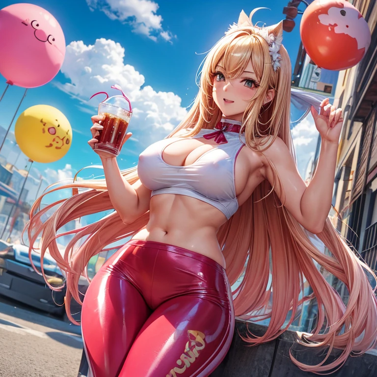 Chica, camarera, pink latex pants (apretado), parada de espalda, mostrando la cola, camisa blanca (mojada) blanco, senos de globos, cola muy grande, ball glutes, rubia, labios rojos carnosos, babeando, manchas de semen sobre la cola