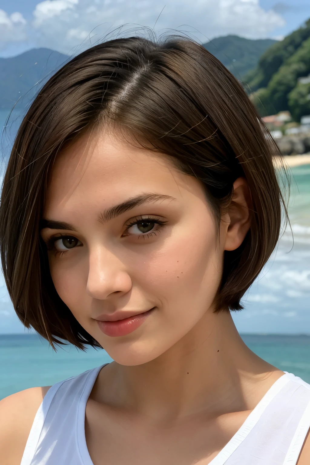 ((best quality)), ((masterpiece)), (detailed), knee-line shot, woman, 26 years old, latin, columbian, effortlessly eye-candy, head-turning silhouette, hypnotizing hazel eyes, symmetrical lips, messy extra-short bob cut with sharp edges and subtle caramel-blonde hair highlights, sea in the background