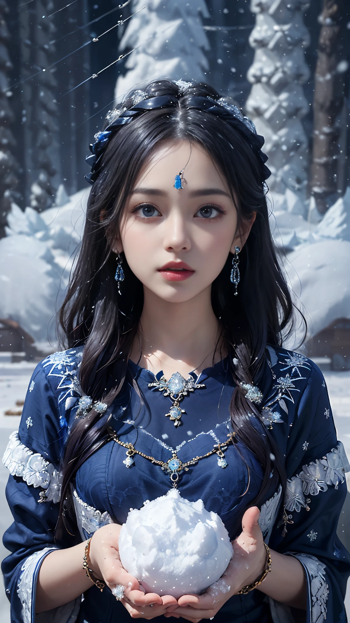8k, masterpiece, 1 girl, beautiful face, very long hair, light makeup, detailed eyes, detailed lips, small bust, winter dress, indigo dress, (wearing jewellery:1.8), (indigo lace:1.4), ((snow falling:1.4)),