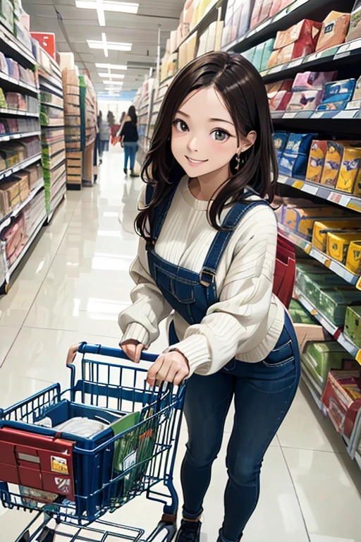 (8K), (Best Quality), (masutepiece: 1.2) Home Improvement aisle between many products ((Cute woman pushing a shopping cart)) sweater and jeans shot from front