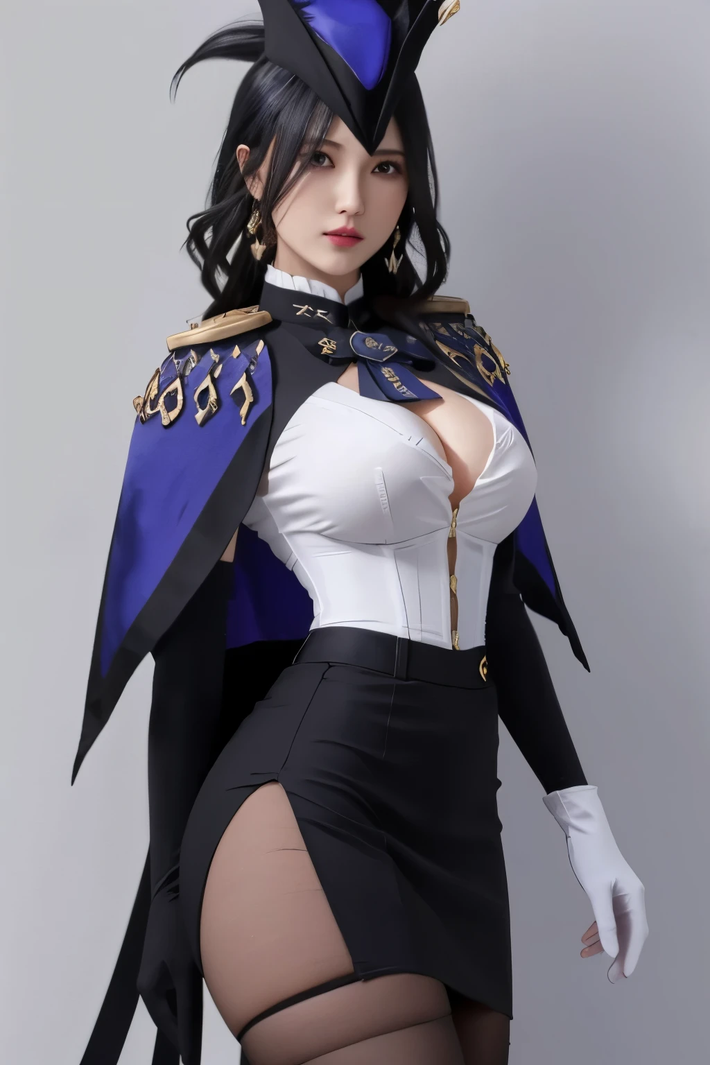 masterpiece, best quality, highly detailed, 1girl, solo, giclorinde, purple eyes, large breasts, hair between eyes, long hair, dark blue hair, earrings, black skirt, miniskirt, pantyhose, purple ascot, purple capelet, black corset, black pantyhose, black skirt, white gloves, hat, tricorne,