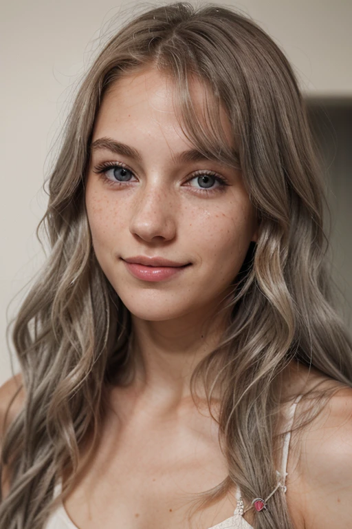 "Woman, American, 20 years old, fair skin with freckles, gray eyes, delicate nose, soft and delicate lips, long wavy blond-gray hair, sweet smile."