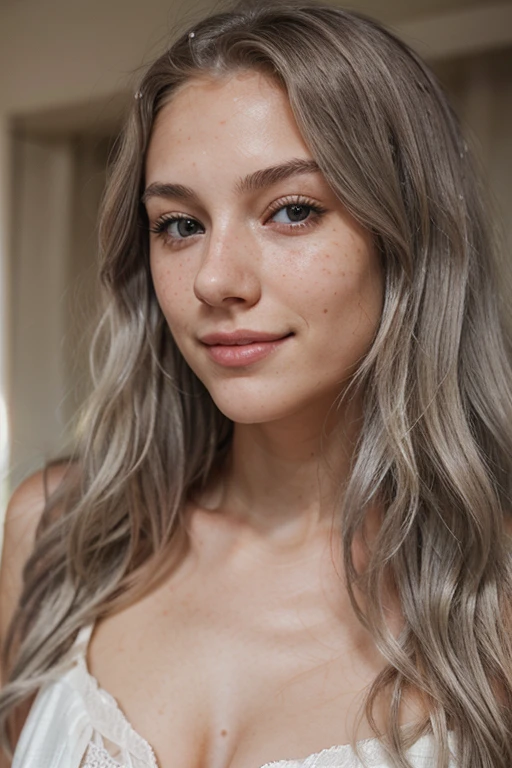 "Woman, American, 20 years old, fair skin with freckles, gray eyes, delicate nose, soft and delicate lips, long wavy blond-gray hair, sweet smile."
