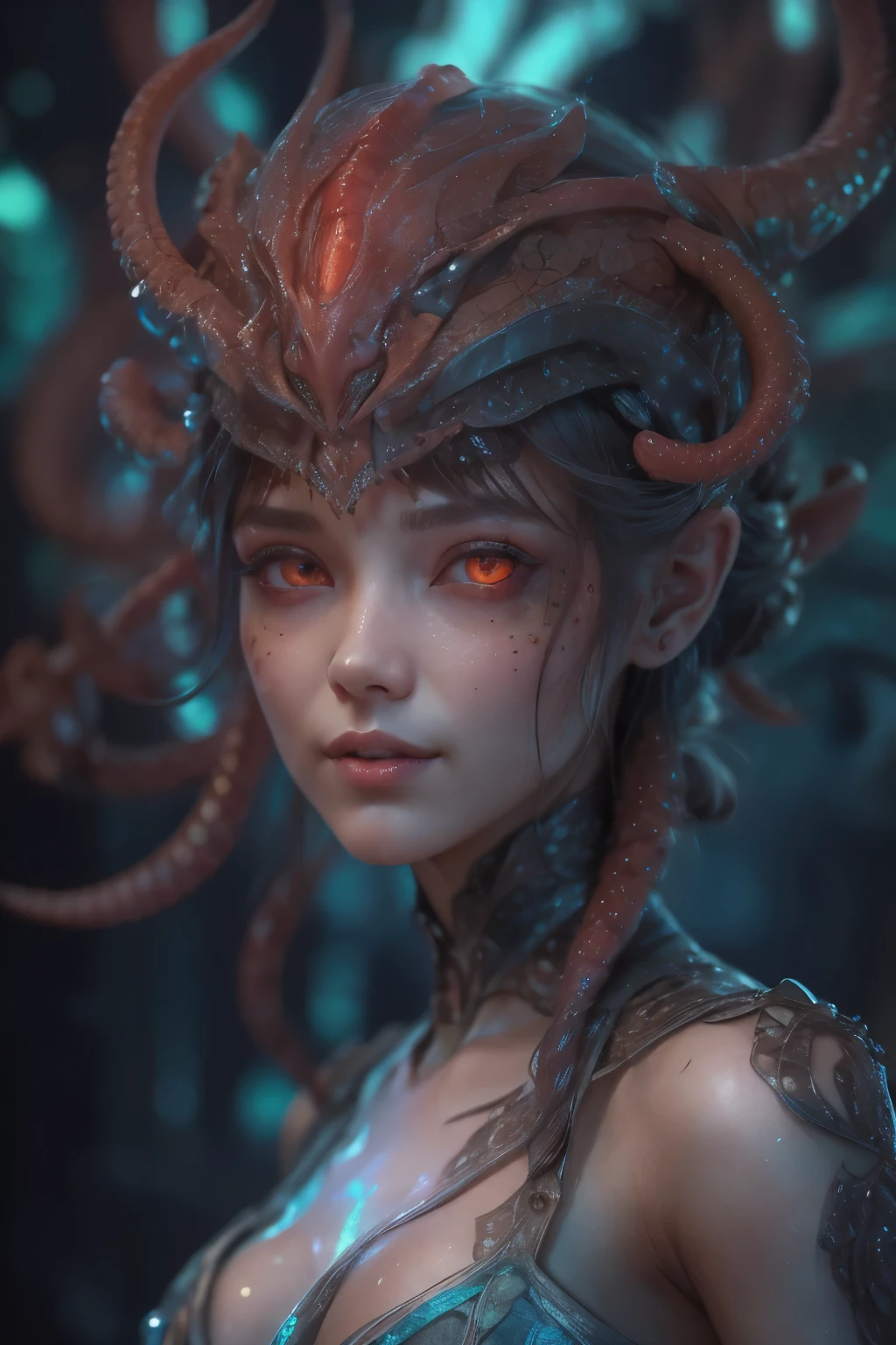 Portrait, (beautiful female alien:1.2), (There is a female genital-like organ in the middle of the forehead..:1.8), (The most beautiful face in the history of the universe:1.2), (scarlet eyes:1.6), (Translucent skin:1.8), an evil gaze that seduces , (red eyes:1.5), Full body like, (sexypose:1.5), alien, No humans, cells are fused, (Lots of translucent tentacles:1.1) (Translucent skin:1.3), extraterrestrial, cell, bio image, 魅惑的, Best Quality, 8K,4K_quality, High Definition, Dramatic Lighting, masutepiece:1.5,cinematic quality, detail up, (Intricate details:1.2), High resolution, High Definition, drawing faithfully, (Thick eyebrows:1.2), Beautiful eyes with fine symmetry, (Ultra detailed eyes:1.2),(Highly detailed face and eyes:1.2), (High-resolution red-eye:1.4), Intimate face, (Super detailed skin quality feeling:1.4), Perfect Anatomy, (Beautiful toned body:1.5), (Moist skin:1.2), No makeup, (dark circles:1.1), long canines, cinematic drawing of characters, ultra high quality model, cinematic quality, detail up, (Intricate details:1.2), High resolution, High Definition, drawing faithfully, Official art, Unity 8K wall , 8K Portrait, Best Quality, Very High resolution, ultra detailed artistic photography, midnight aura, unreal enginee 5, Ultra Sharp Focus, art by alberto seveso, ArtGerm, Roisch, intricate artwork, Medusa, best quality, masutepiece, ultra High resolution, (photos realistic:1.4), Ultra-realistic realism, dream-like, nautilus, Creation of fantasy, Snail, Dream Snail, biopunk nautilus, Thrilling color schemes, Ultra-realistic realism, seductively smiling, Blue tentacles