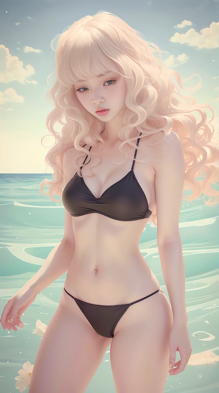 A beautiful woman, wearing black bikini, long hair, full body, top quality, realistic, super detailed, 8k