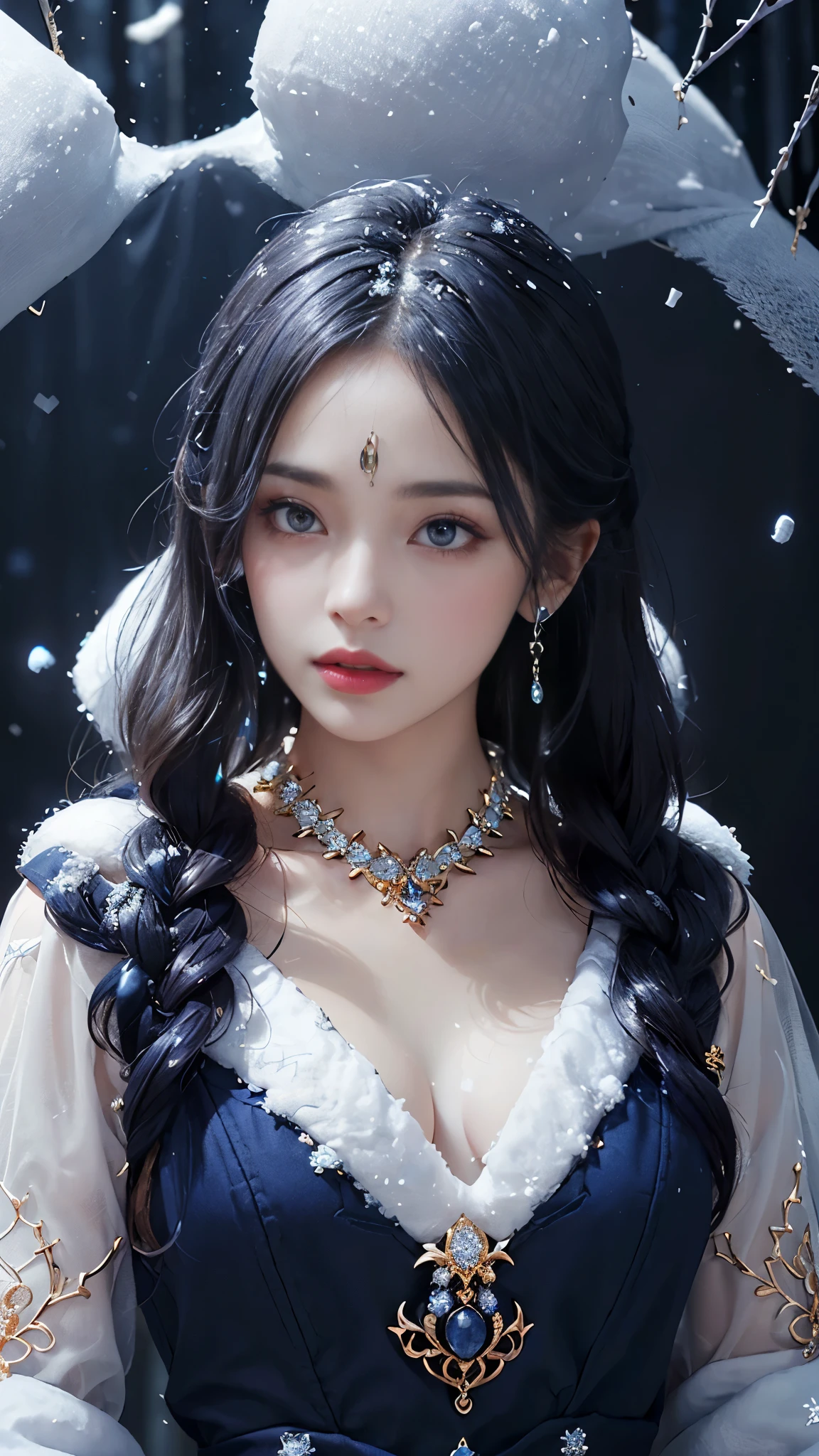 8k, masterpiece, 1 girl, beautiful face, very long hair, light makeup, detailed eyes, detailed lips, small bust, winter dress, indigo dress, (wearing jewellery:1.8), (indigo lace:1.4), ((snow falling:1.4)),