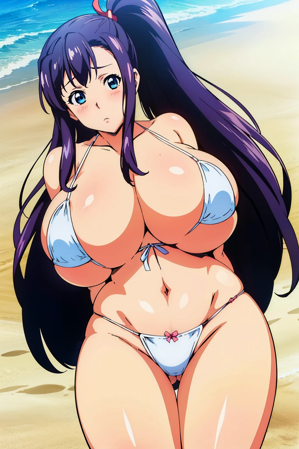 Anime cel drawing style, Best Quality, High resolution, (gigantic breasts:1.6), (bikini), Blue eyes, Purple hair, Bangs, Side Ponytail, Hair Ornament, blush, embarrassed, reluctant, ((Full body)), (string white panties), looking at viewer, (turn your butt towards the camera), ((Full body)), (cowboy shot:1.3), (Beach)