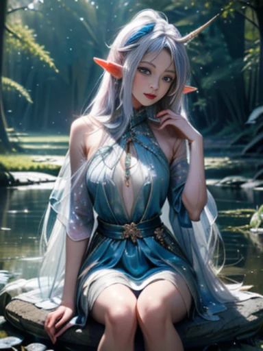 ((1 unicorn horse and 1 forest fairy in the moonlight))、A quiet pond in the deep forest、Virgin sitting on a big rock、hight resolution、4k,8k, depth of fields、Beautiful elf girl leaning on an old tree、